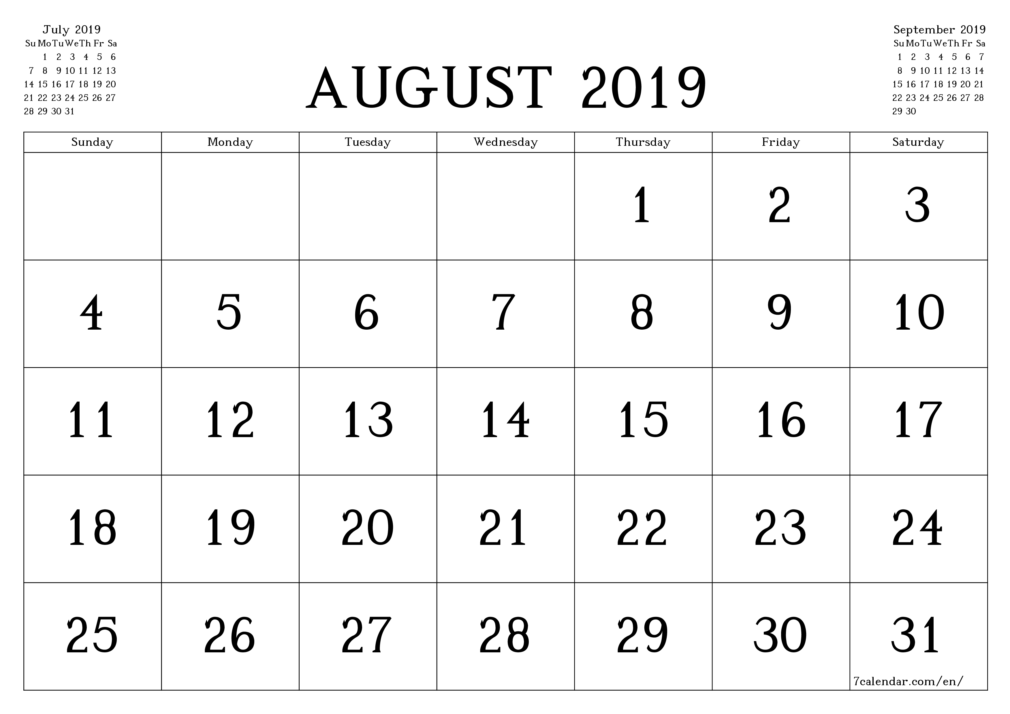 Blank calendar August 2019