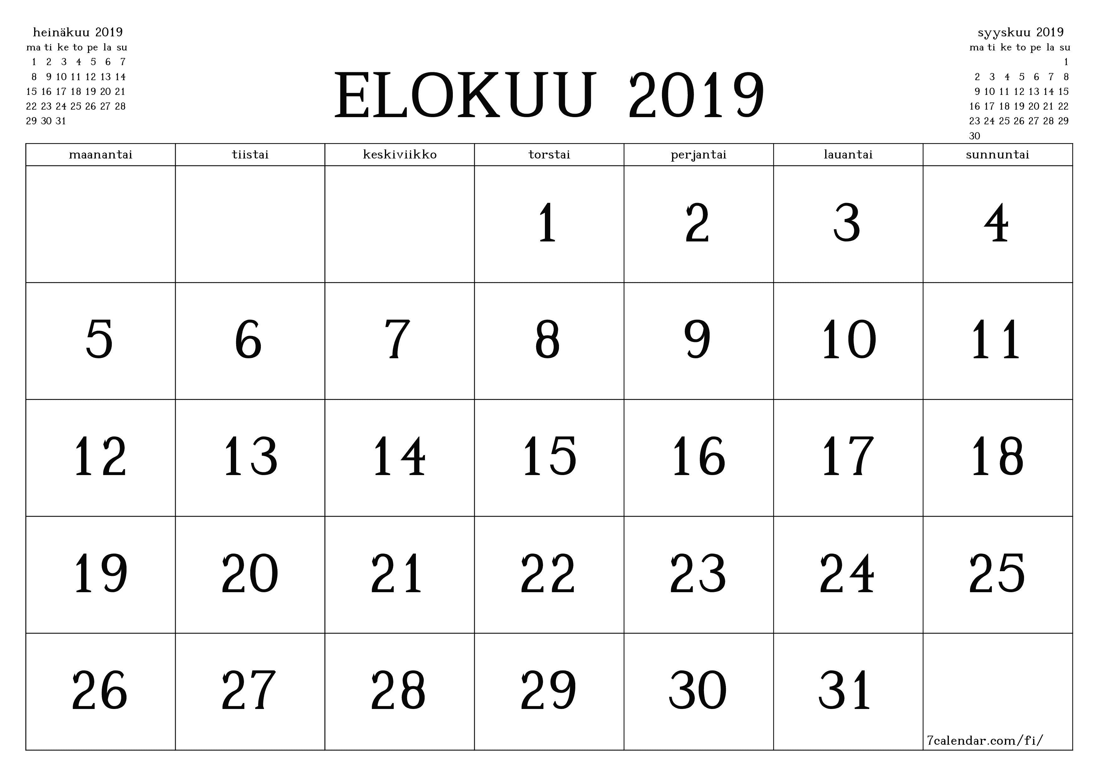 Tyhjennä kuukausittainen suunnittelija kuukaudelle Elokuu 2019 muistiinpanoilla, tallenna ja tulosta PDF-muotoon PNG Finnish