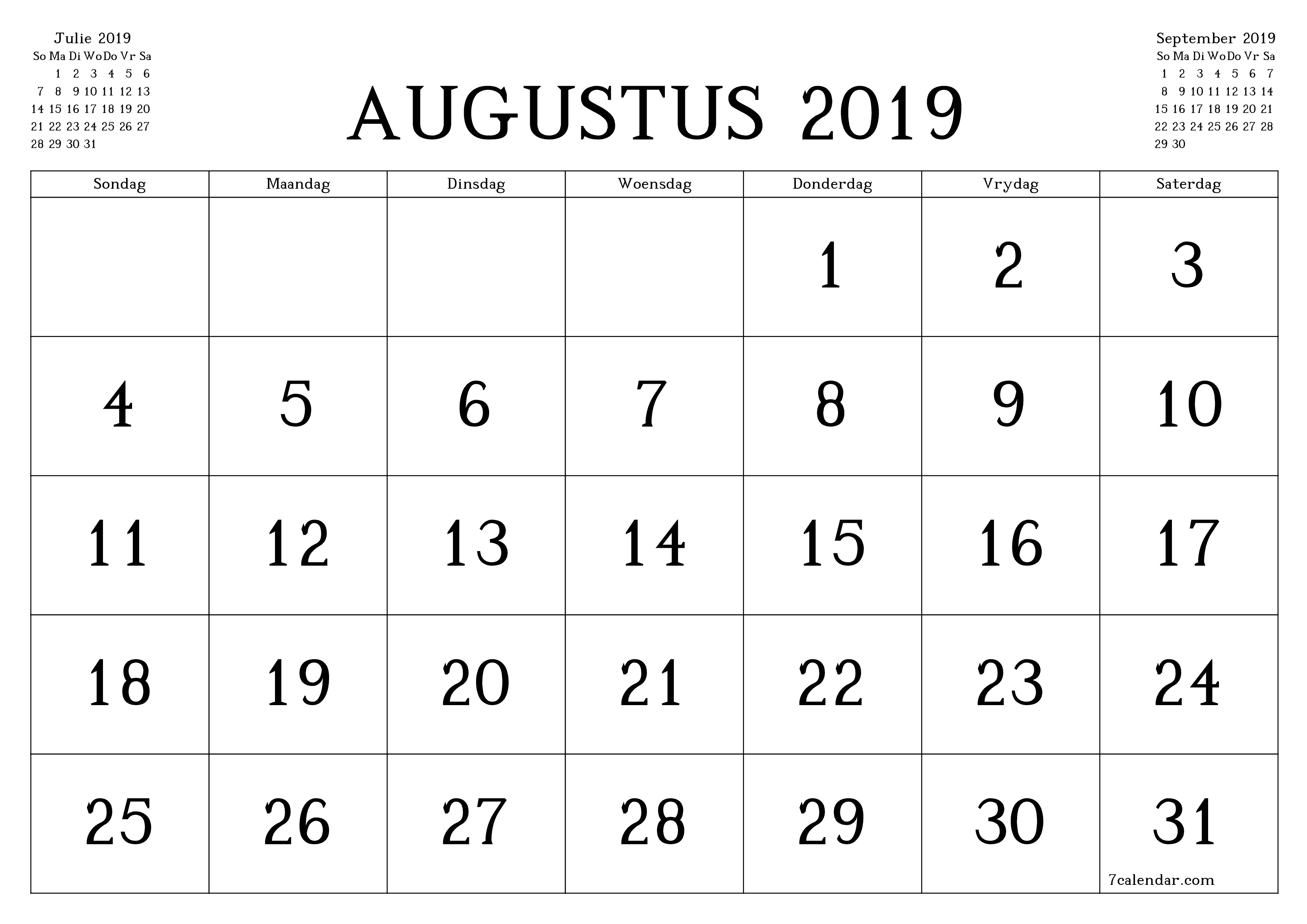 Leë maandelikse drukbare kalender en beplanner vir maand Augustus 2019 met notas stoor en druk na PDF PNG Afrikaans