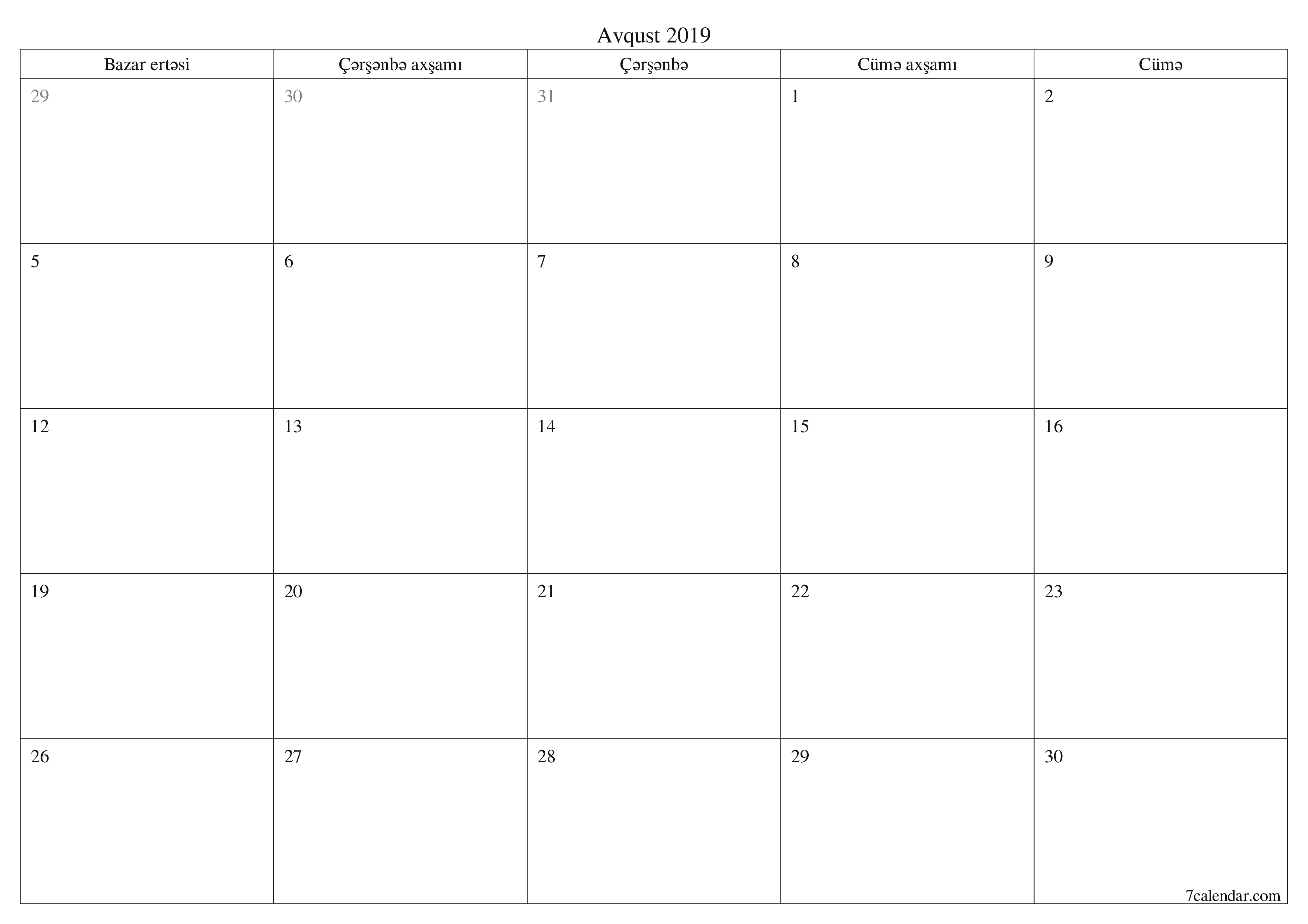 Avqust 2019 ayı üçün qeydlər ilə boş aylıq planlayıcı, qeyd edin və PDF-ə yazdırın PNG Azerbaijani
