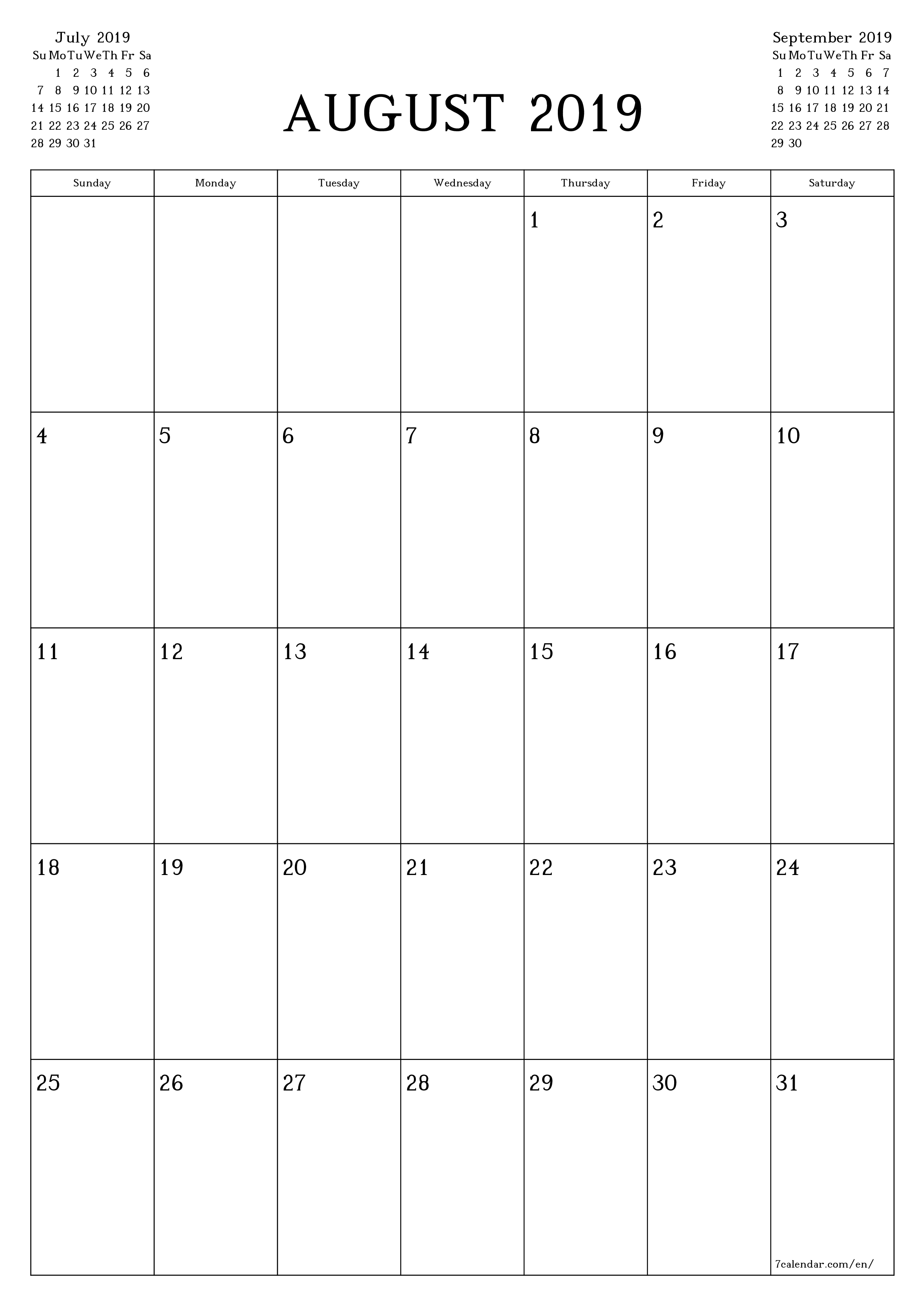 printable wall template free vertical Monthly planner calendar August (Aug) 2019
