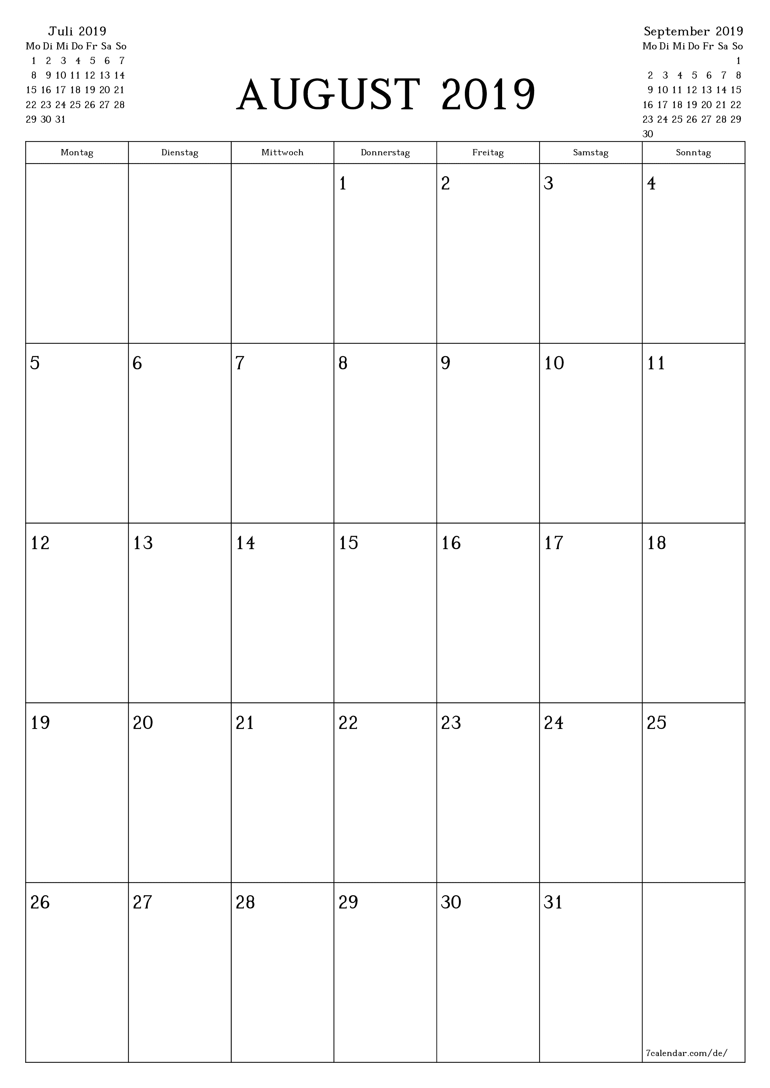 Monatsplaner für Monat August 2019 mit Notizen leeren, speichern und als PDF PNG German - 7calendar.com drucken