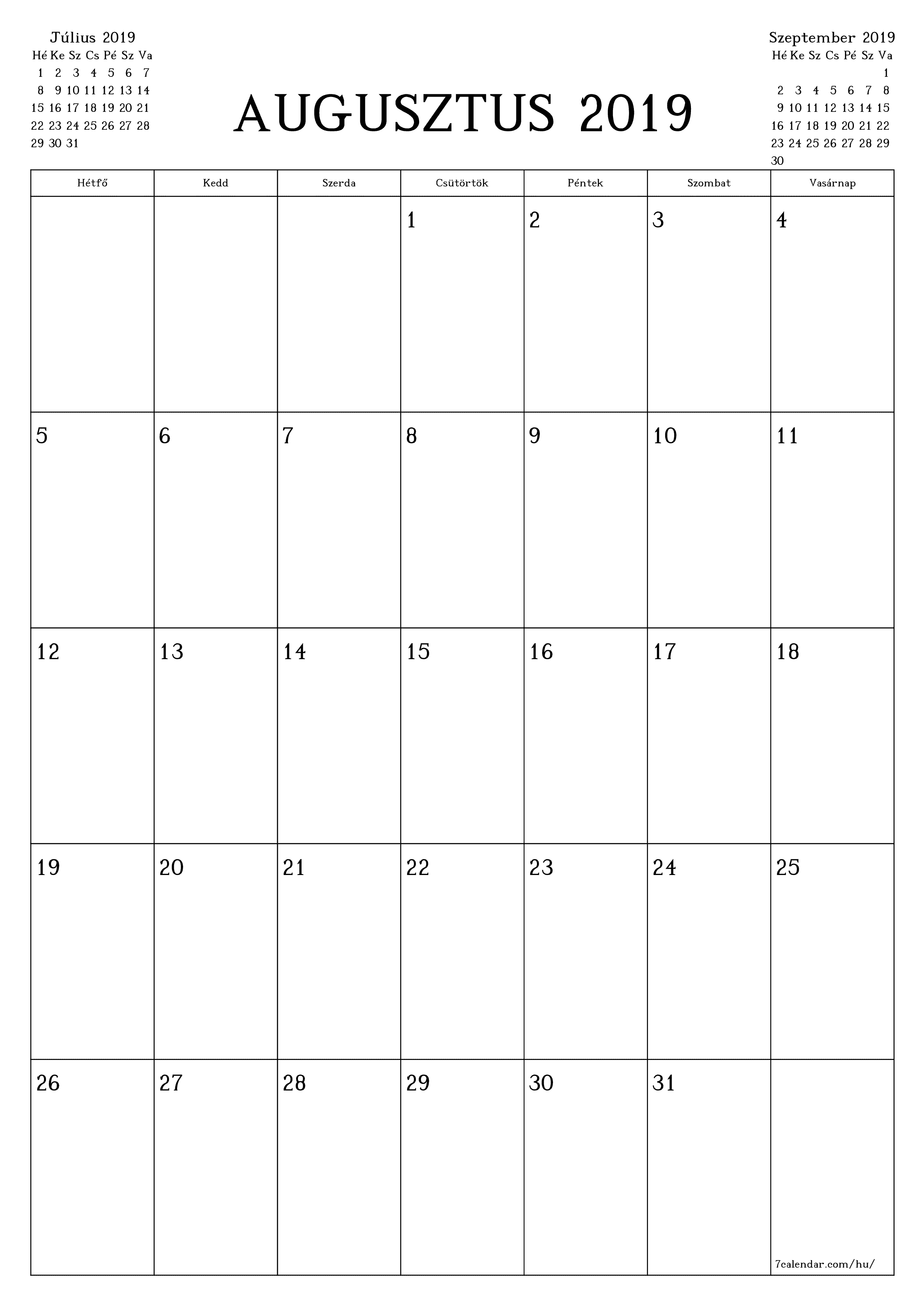 Üres havi tervező a Augusztus 2019 hónapra jegyzetekkel, mentés és nyomtatás PDF-be PNG Hungarian