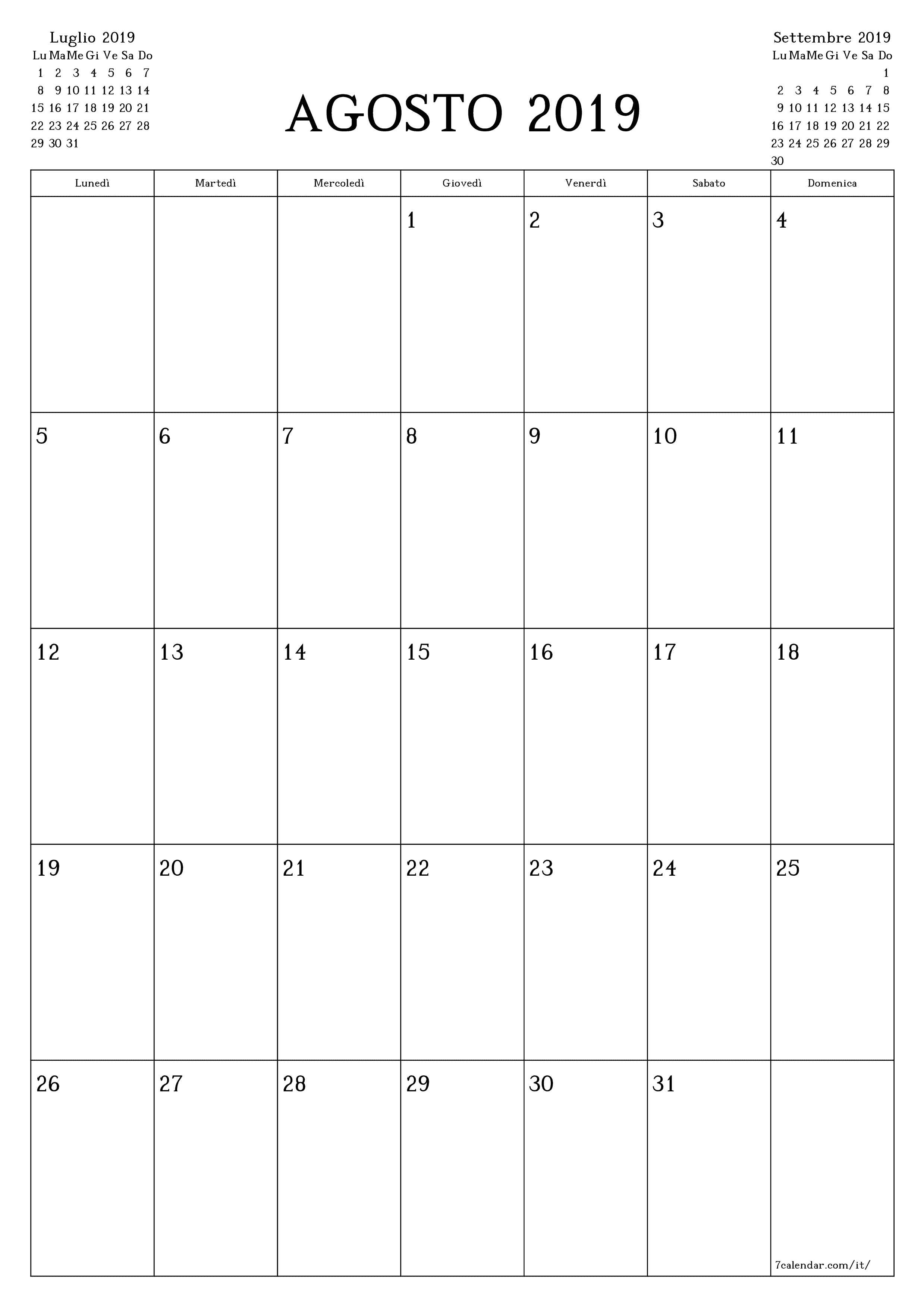 Pianificatore mensile vuoto per il mese Agosto 2019 con note, salva e stampa in PDF PNG Italian