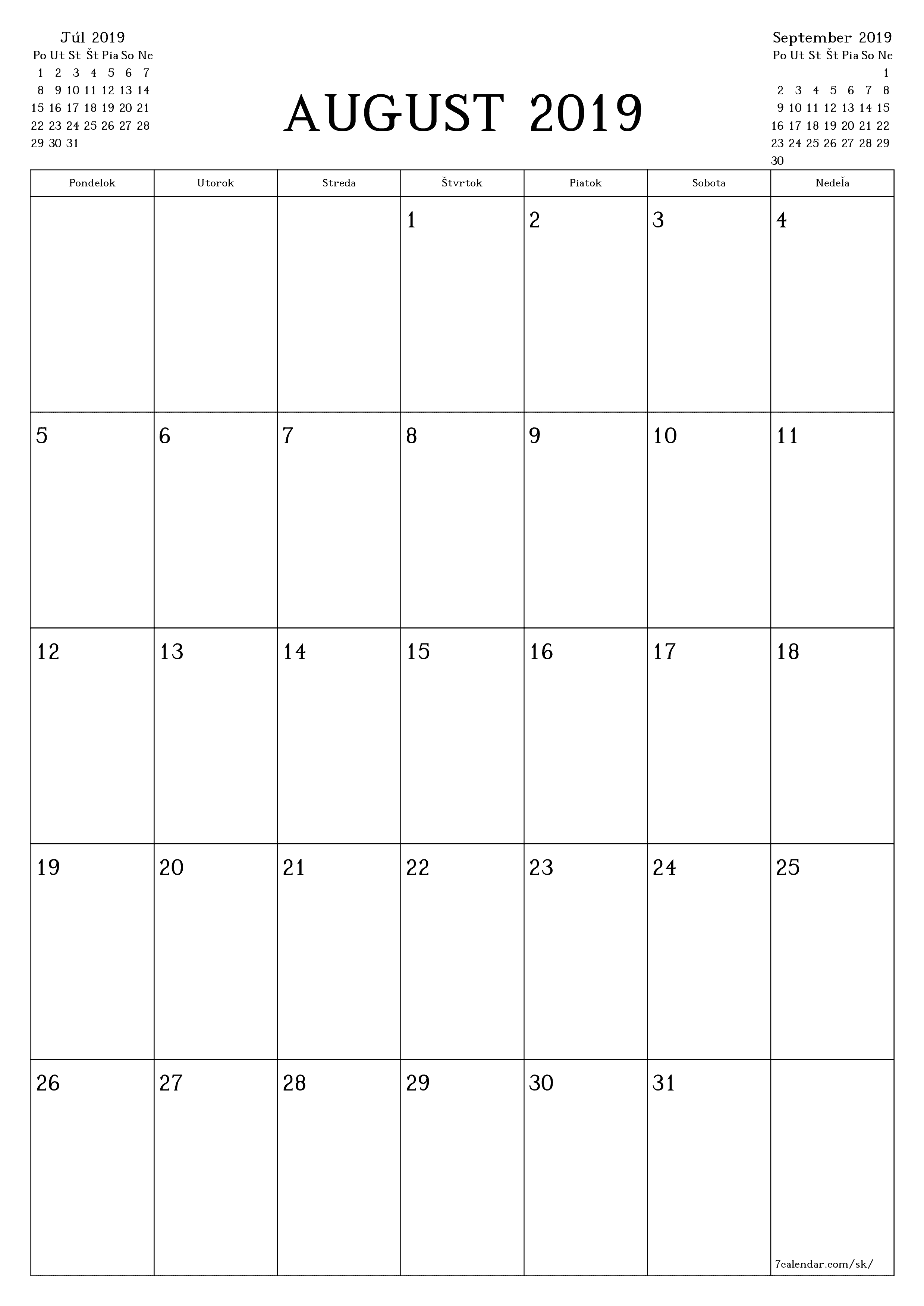 vytlačiteľný nástenný šablóna a bezplatný вертикальный Mesačne plánovač kalendár August (Aug) 2019