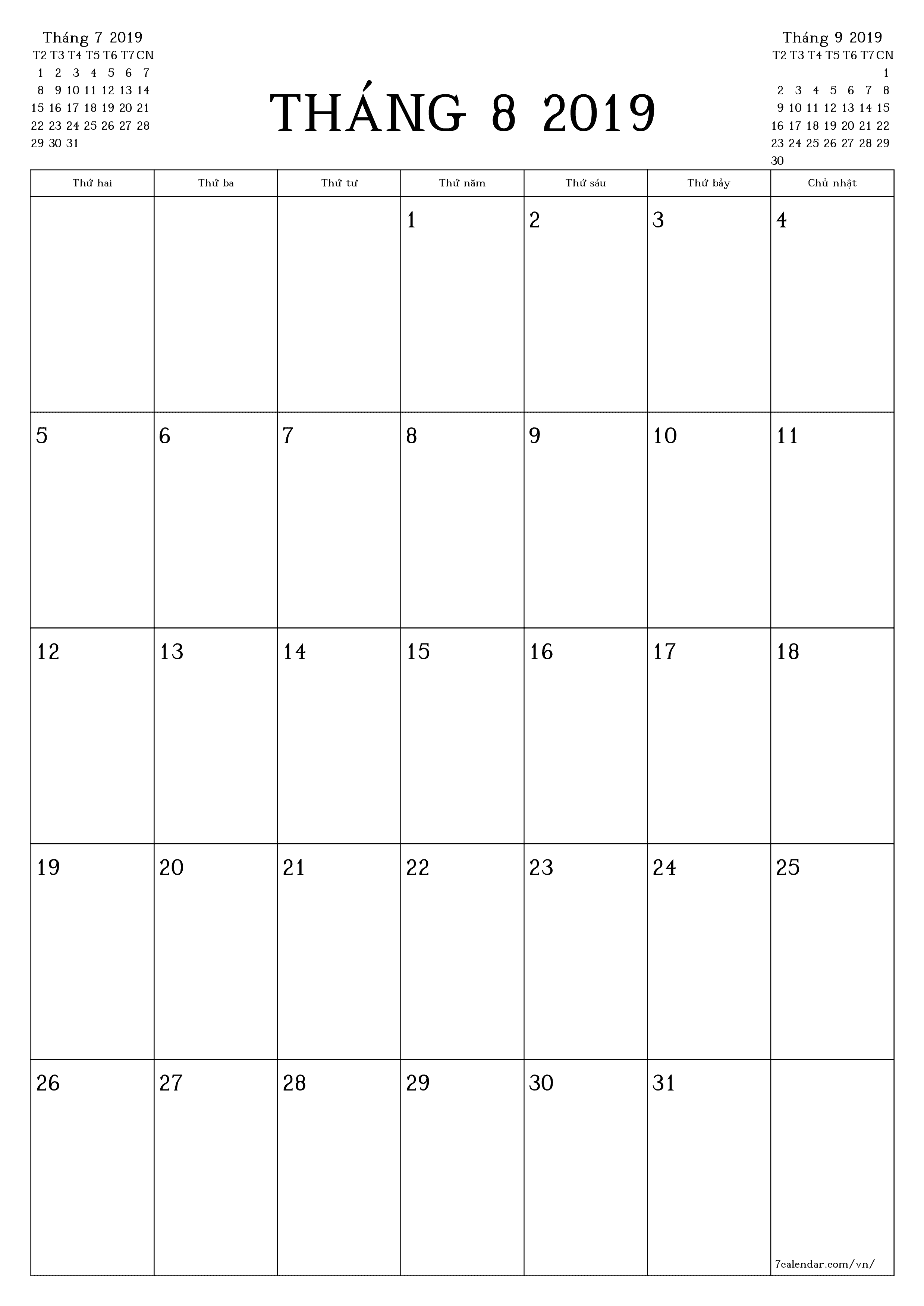 Công cụ lập kế hoạch hàng tháng trống cho tháng Tháng 8 2019 có ghi chú, lưu và in sang PDF PNG Vietnamese