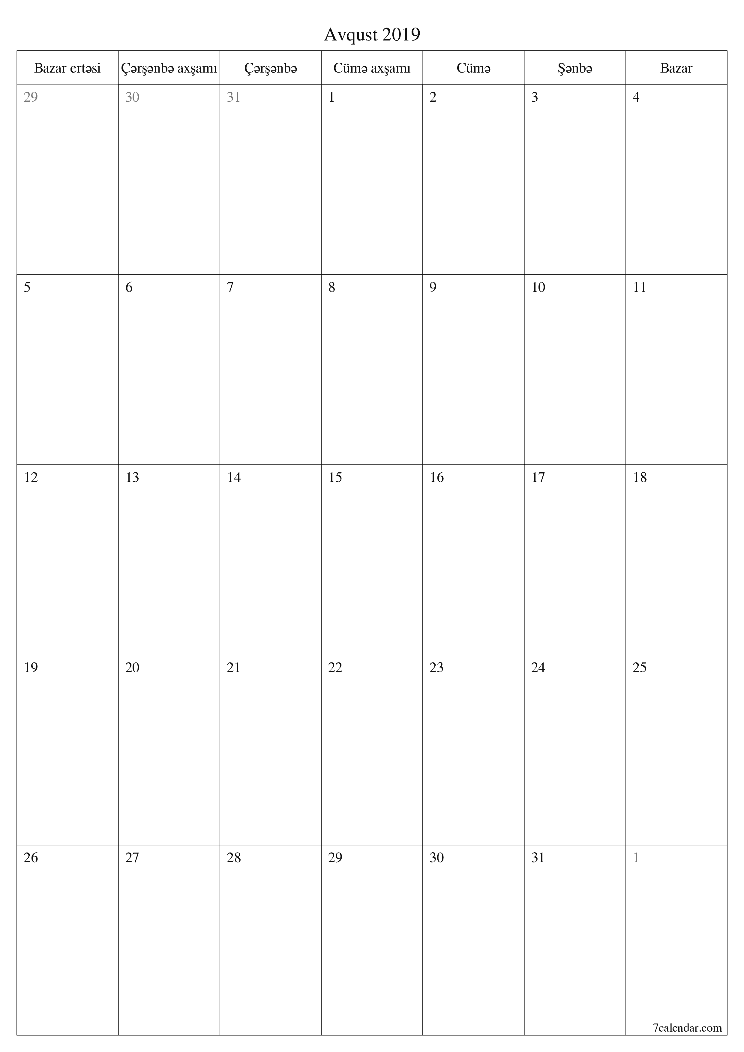 çap edilə bilən divar i şablonu pulsuz şaquli Aylıq planlaşdırıcı təqvim Avqust (Avq) 2019
