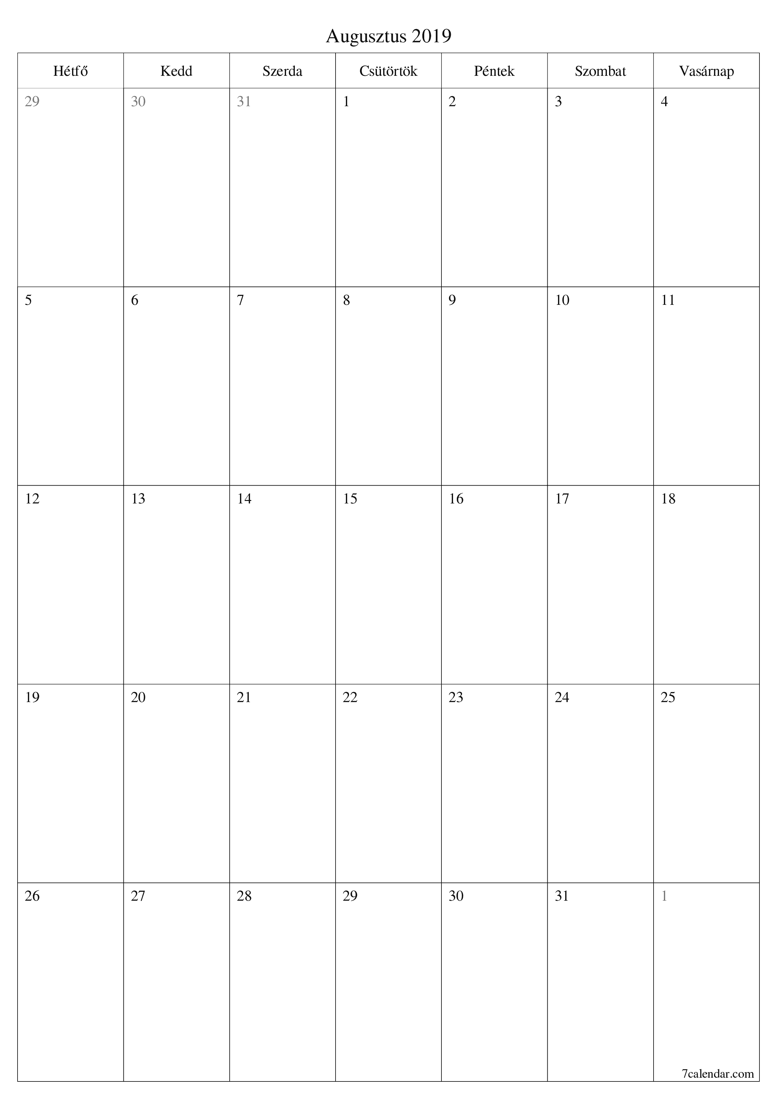 nyomtatható fali sablon ingyenes függőleges Havi tervező naptár Augusztus (Aug) 2019
