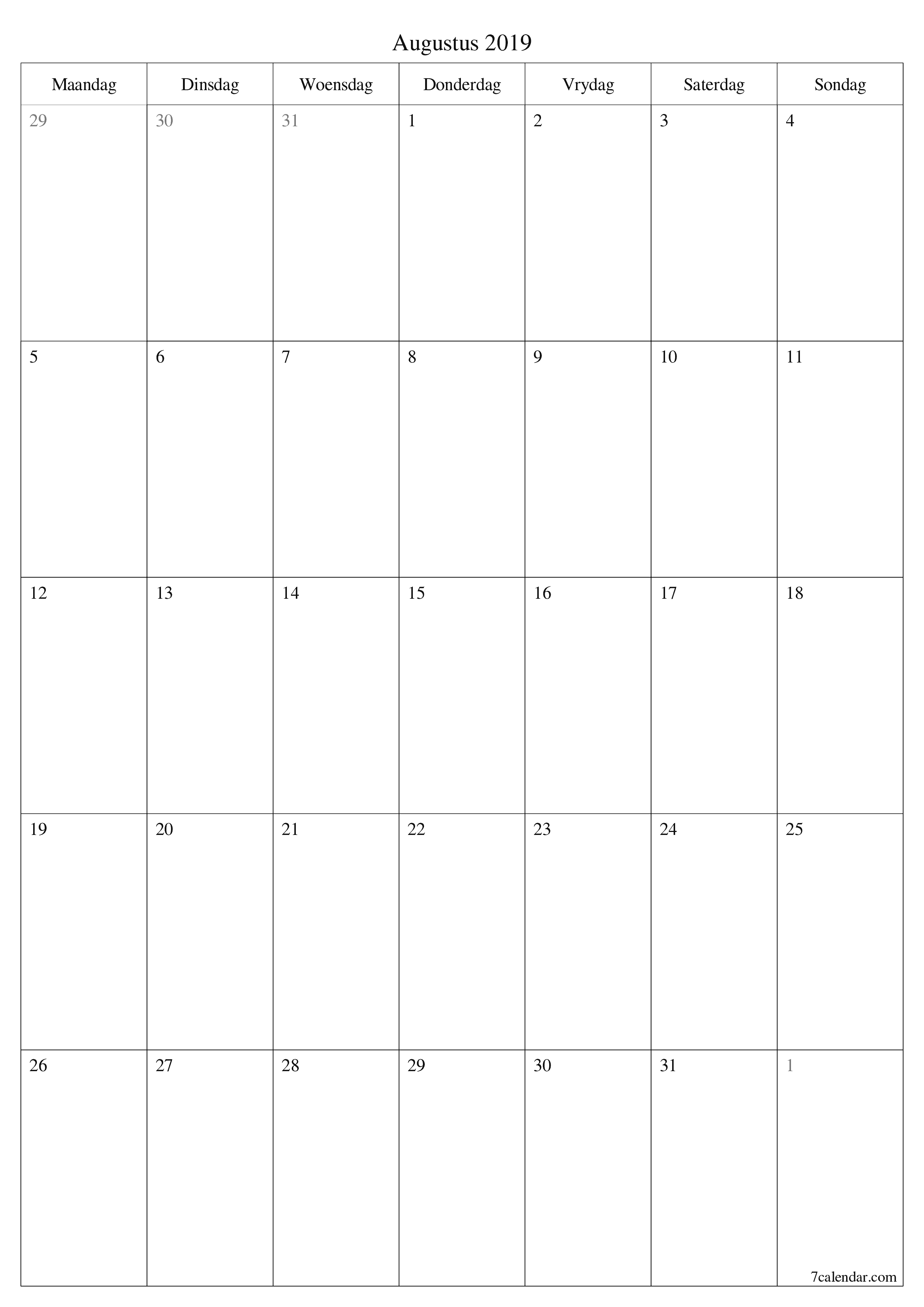 Leë maandelikse drukbare kalender en beplanner vir maand Augustus 2019 met notas stoor en druk na PDF PNG Afrikaans