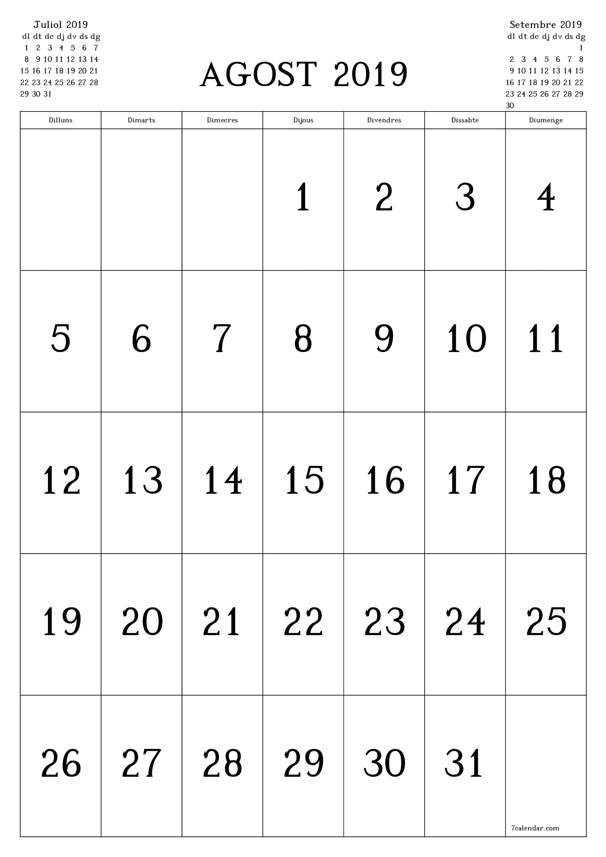  imprimible de paret plantilla de gratuïtvertical Mensual calendari Agost (Ago) 2019