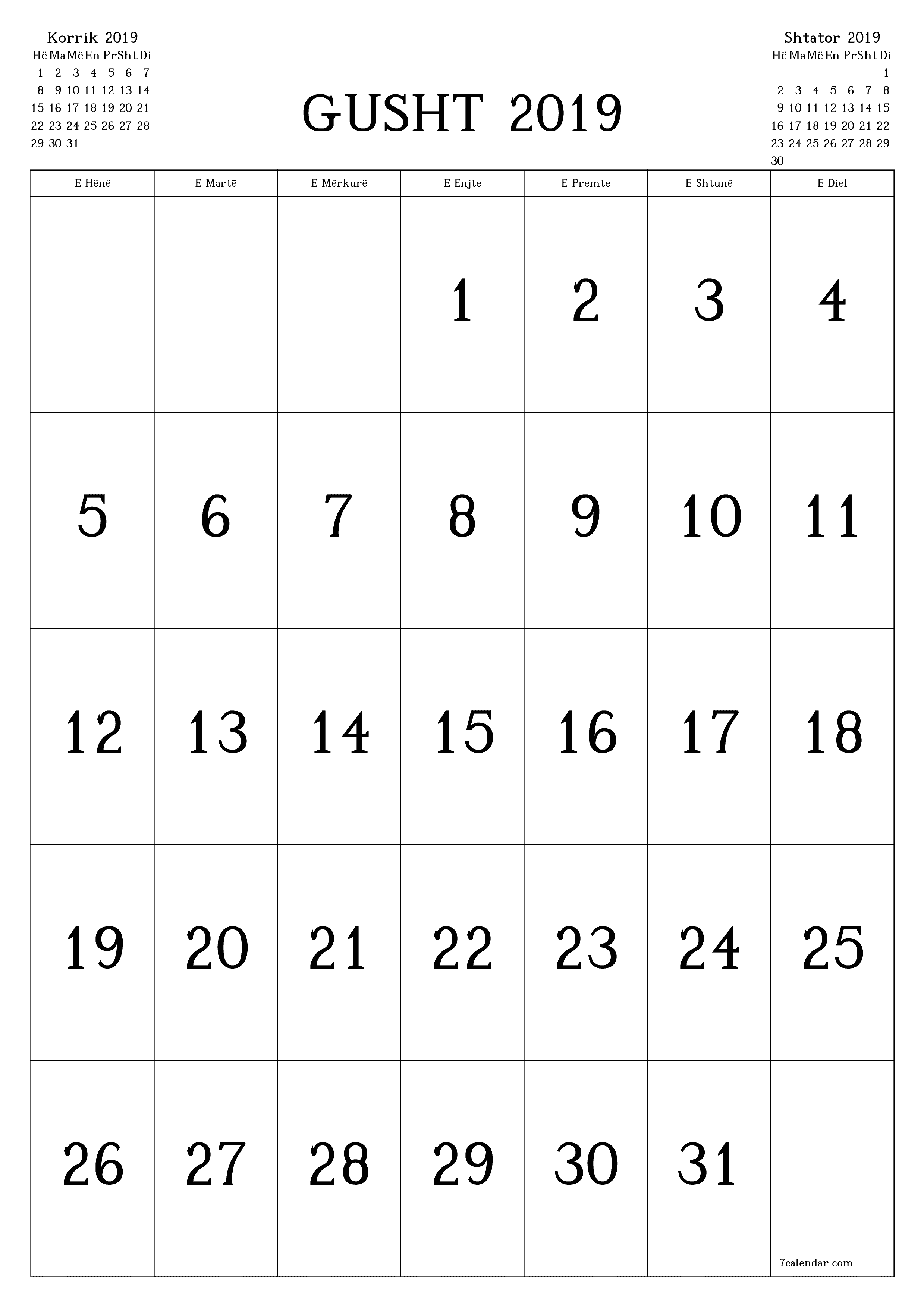  i printueshëm muri shabllon falasvertikale mujore kalendar Gusht (Gu) 2019