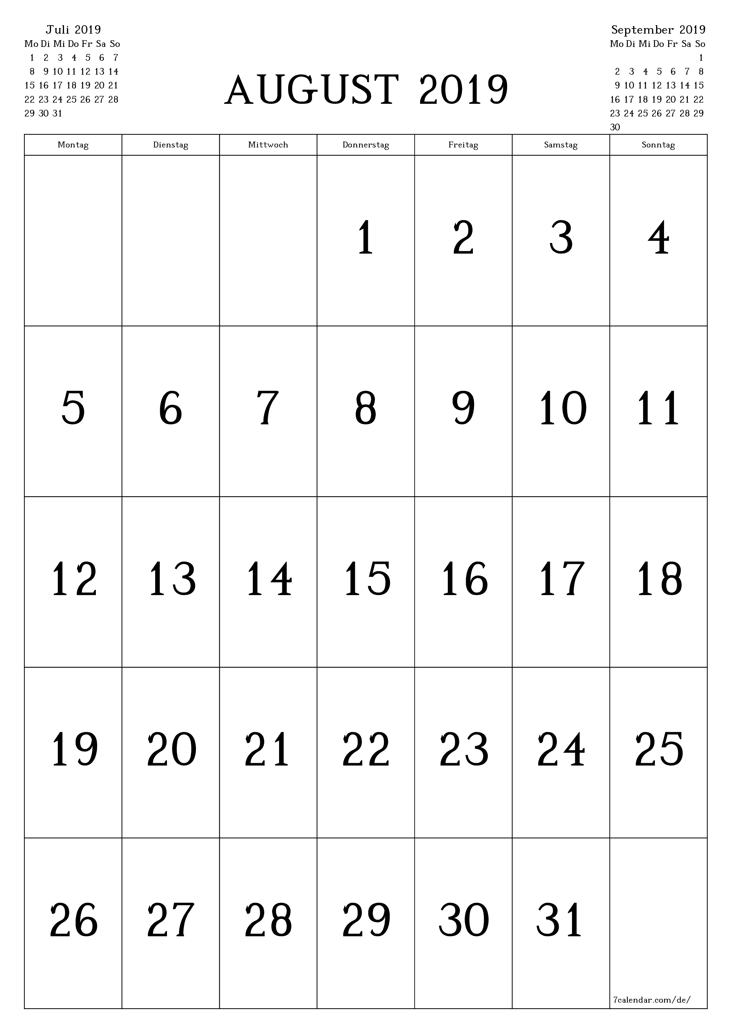 Monatsplaner für Monat August 2019 mit Notizen leeren, speichern und als PDF PNG German - 7calendar.com drucken