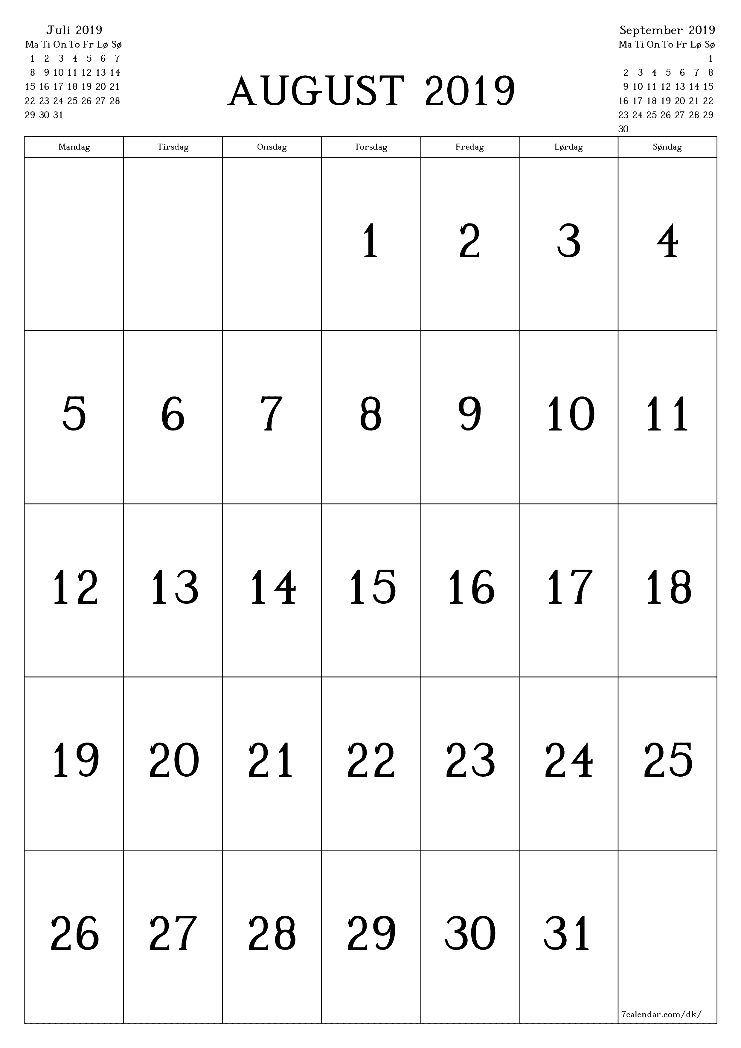 udskrivbar væg skabelon gratis lodret Månedlig kalender August (Aug) 2019