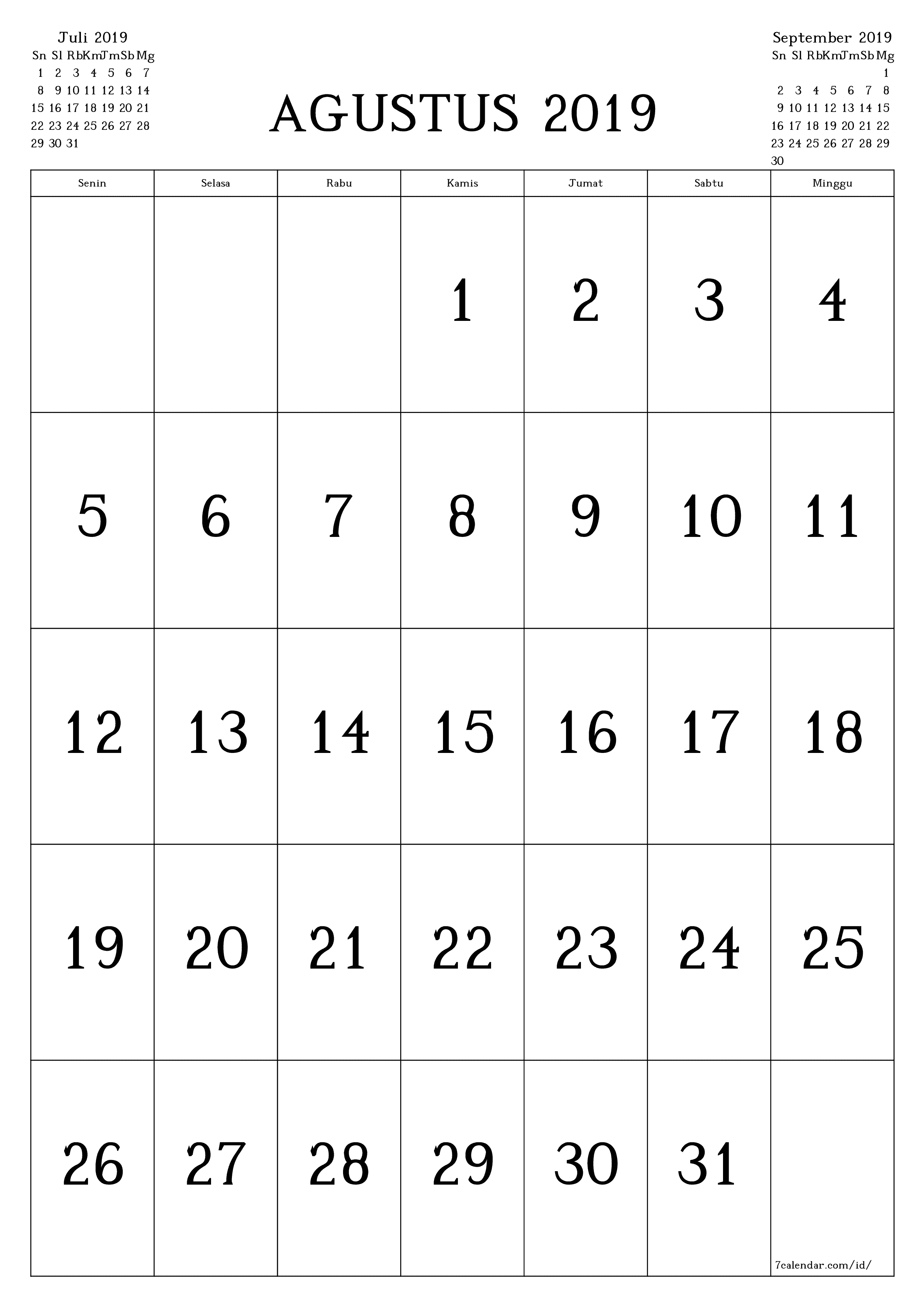  yang dapat dicetak dinding templat gratisvertikal Bulanan kalender Agustus (Agt) 2019