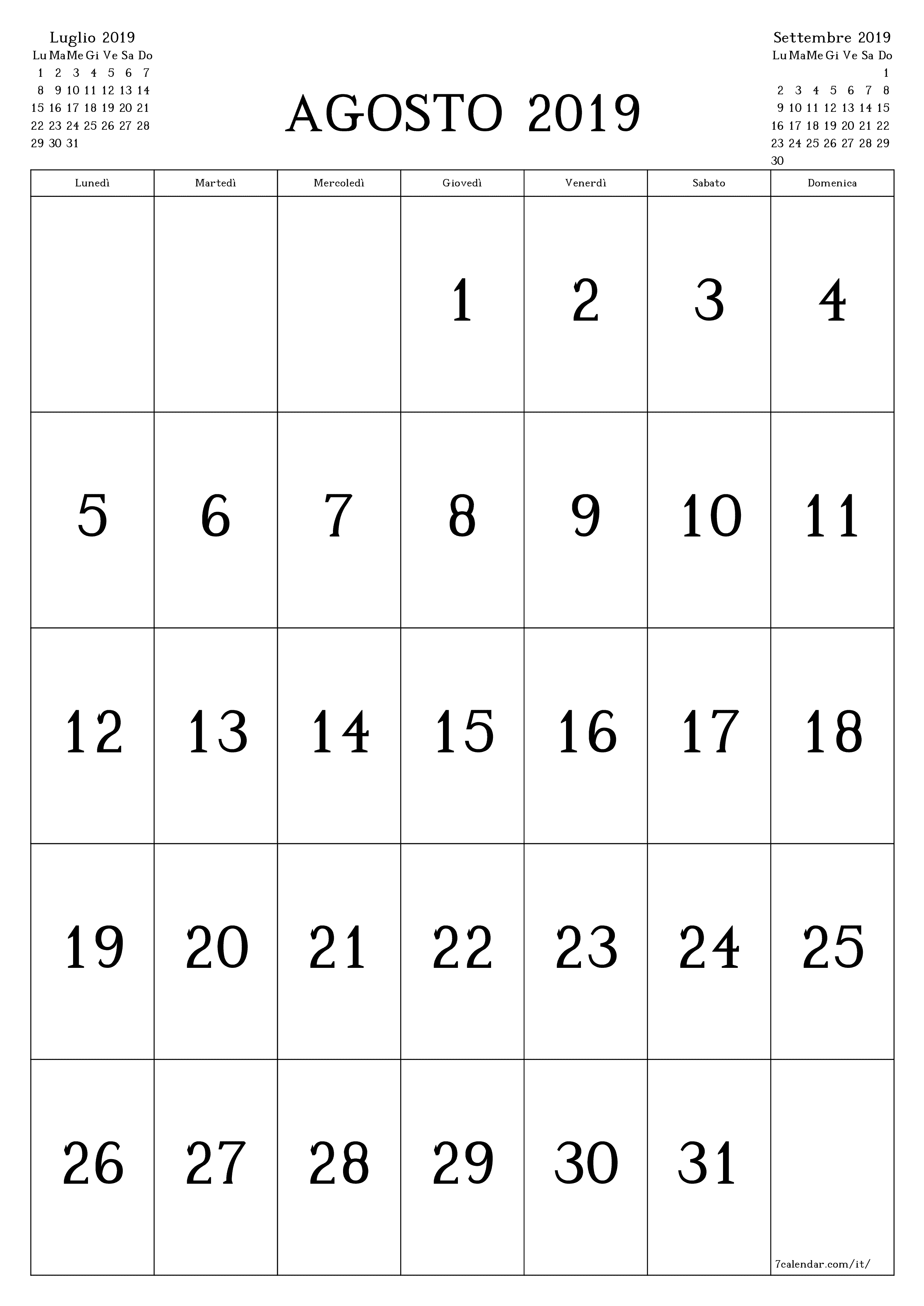  stampabile da parete modello di gratuitoverticale Mensile calendario Agosto (Ago) 2019