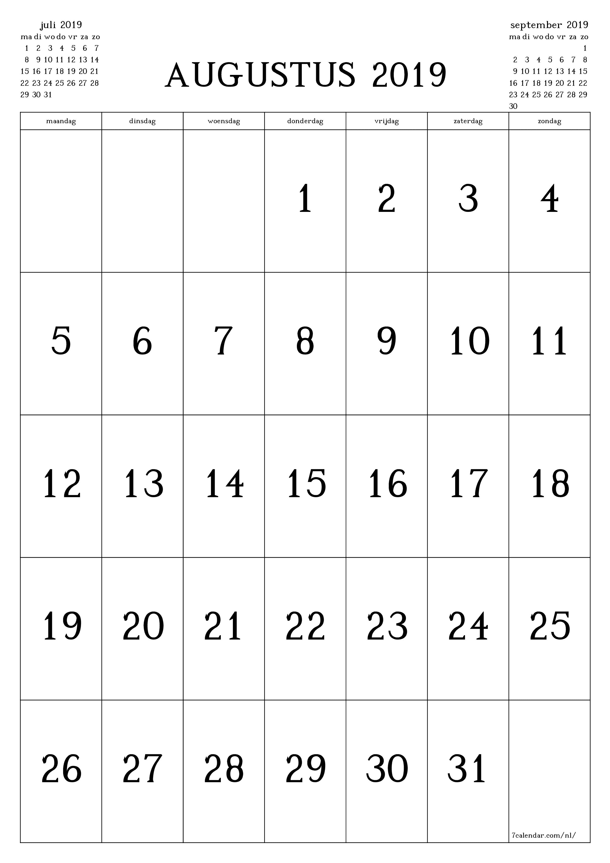 afdrukbare muur sjabloon gratis verticaal Maandelijks kalender augustus (aug) 2019