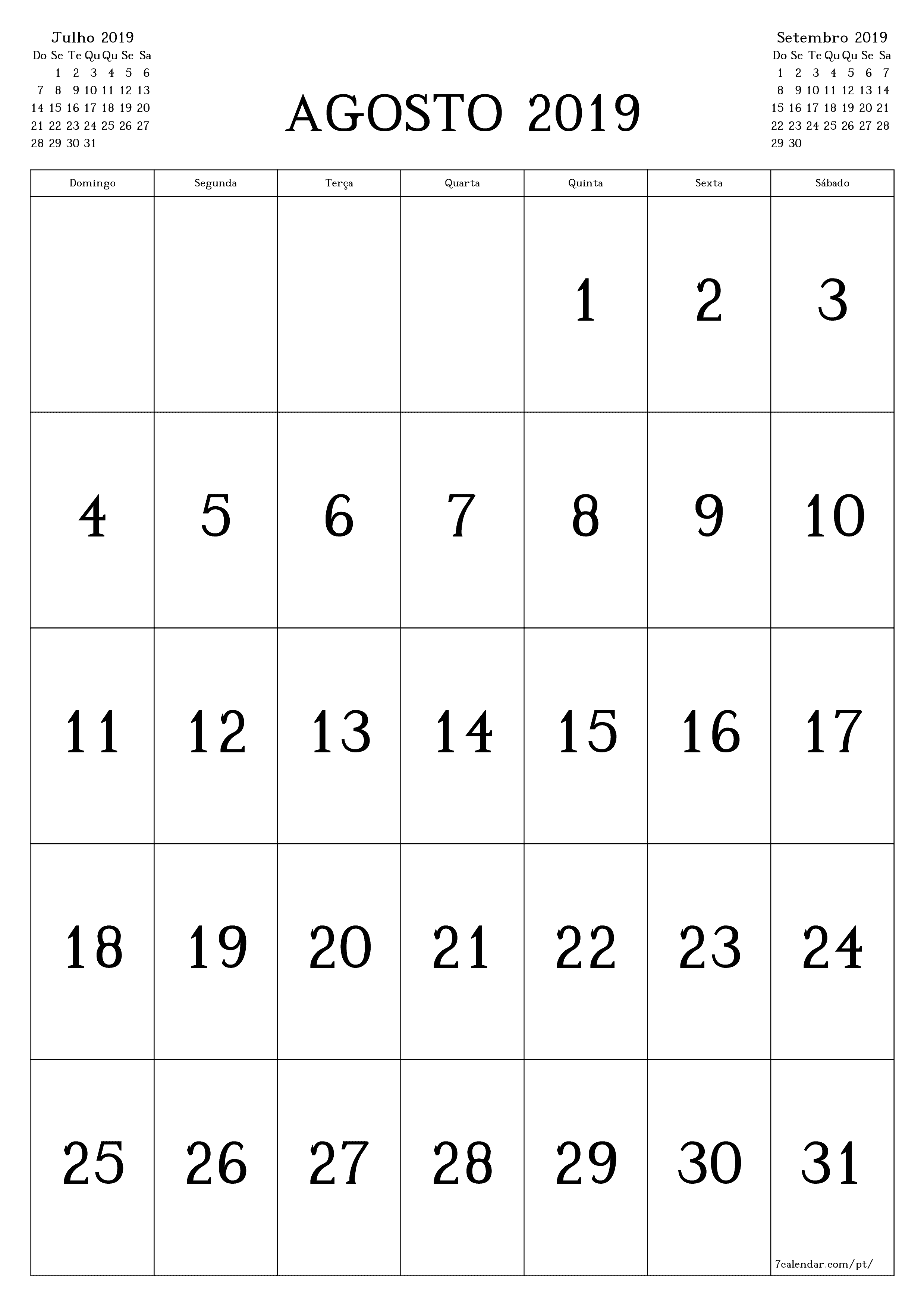  para impressão de parede modelo de grátisvertical Mensal calendário Agosto (Ago) 2019
