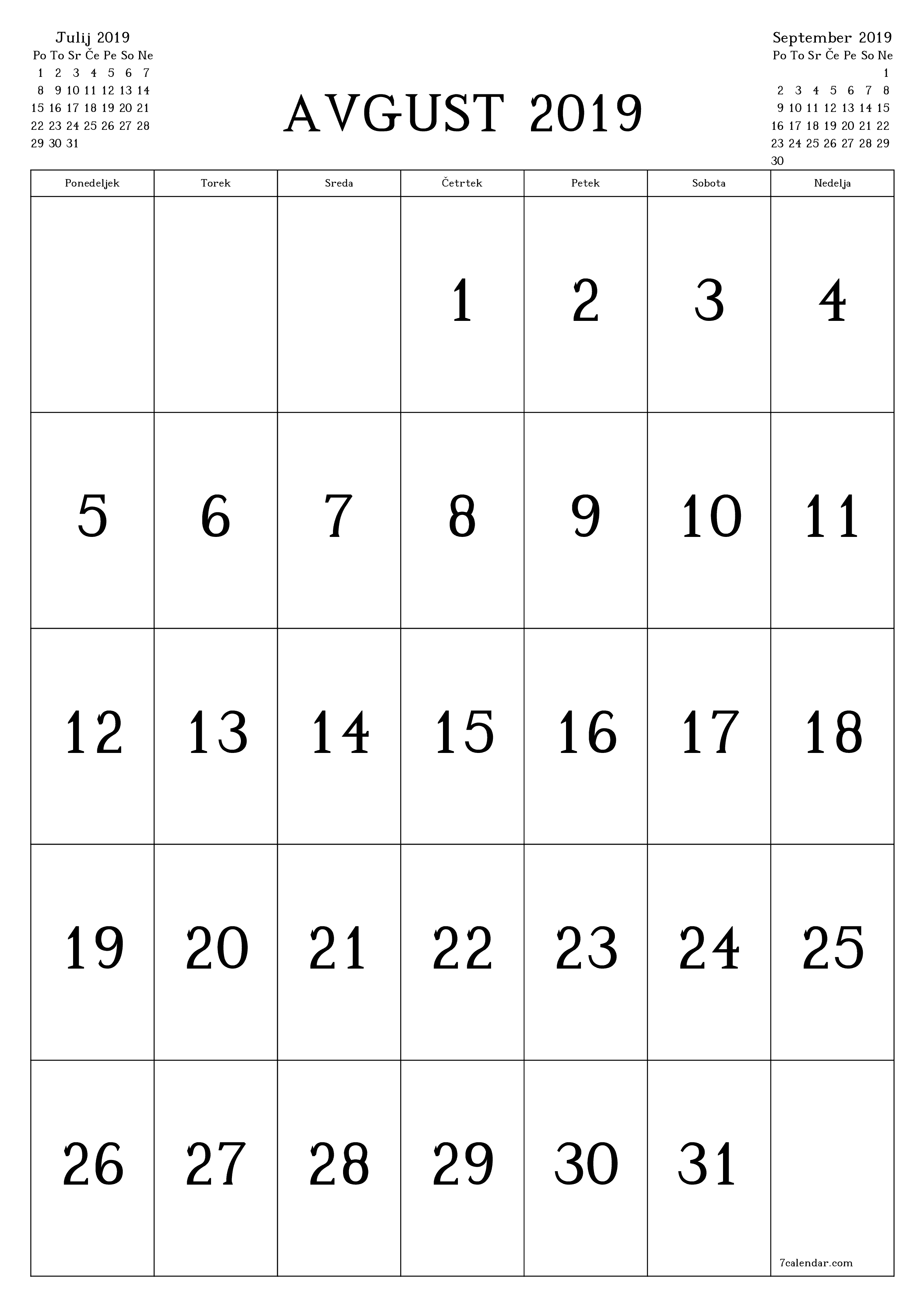 natisljiv stenski ska predloga brezplačni vertical Mesečno koledar Avgust (Avg) 2019