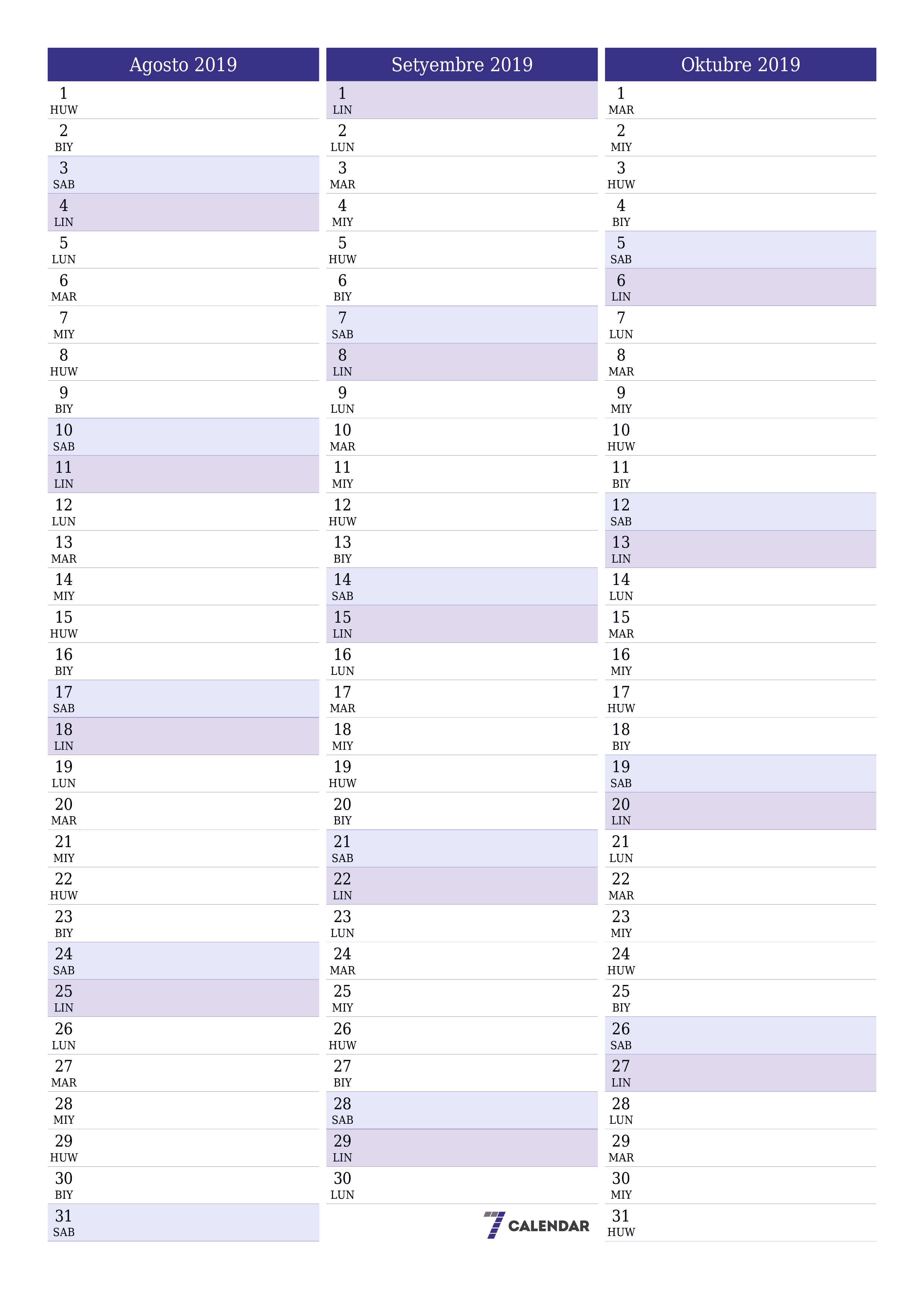 napi-print na sa dingding template ng libreng patayo Buwanang tagaplano kalendaryo Agosto (Ago) 2019