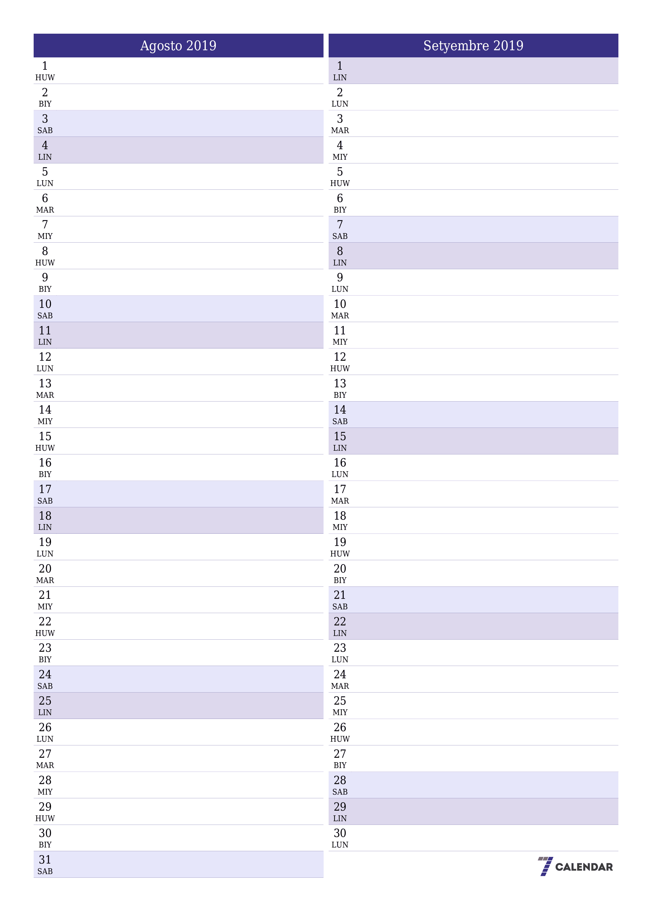 napi-print na sa dingding template ng libreng patayo Buwanang tagaplano kalendaryo Agosto (Ago) 2019
