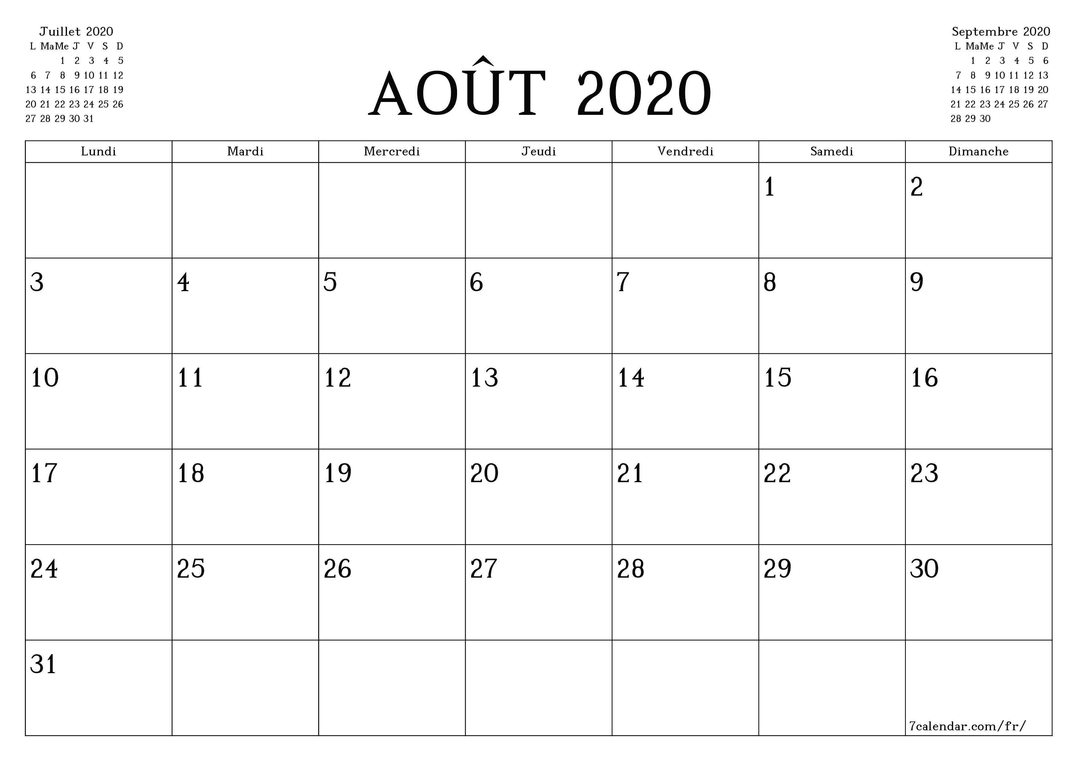  imprimable mural modèle de gratuithorizontal Mensuel planificateur calendrier Août (Aou) 2020