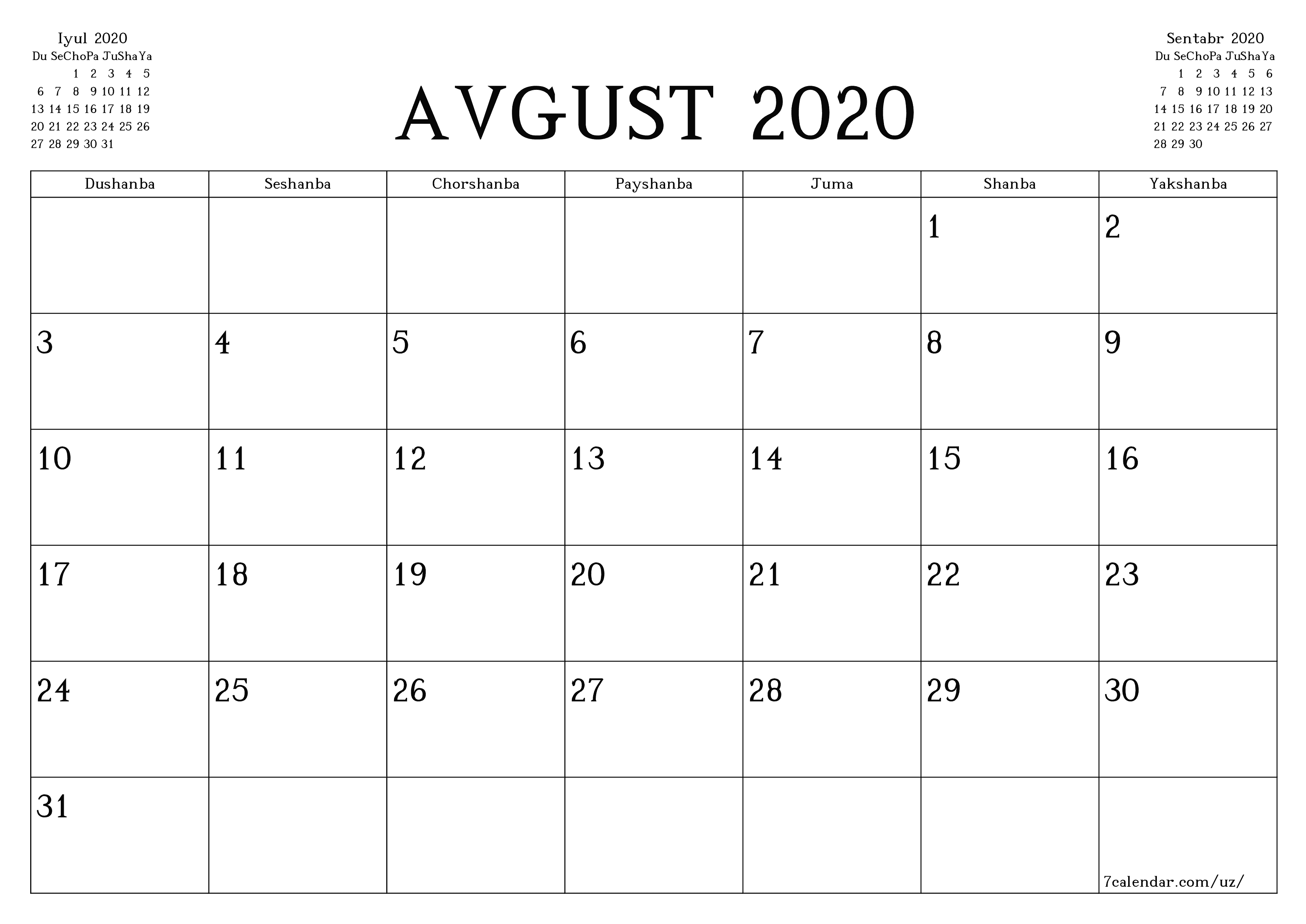 Avgust 2020 oylik oylik rejalashtiruvchini yozuvlar bilan bo'shatish, saqlash va PDF-ga chop etish PNG Uzbek