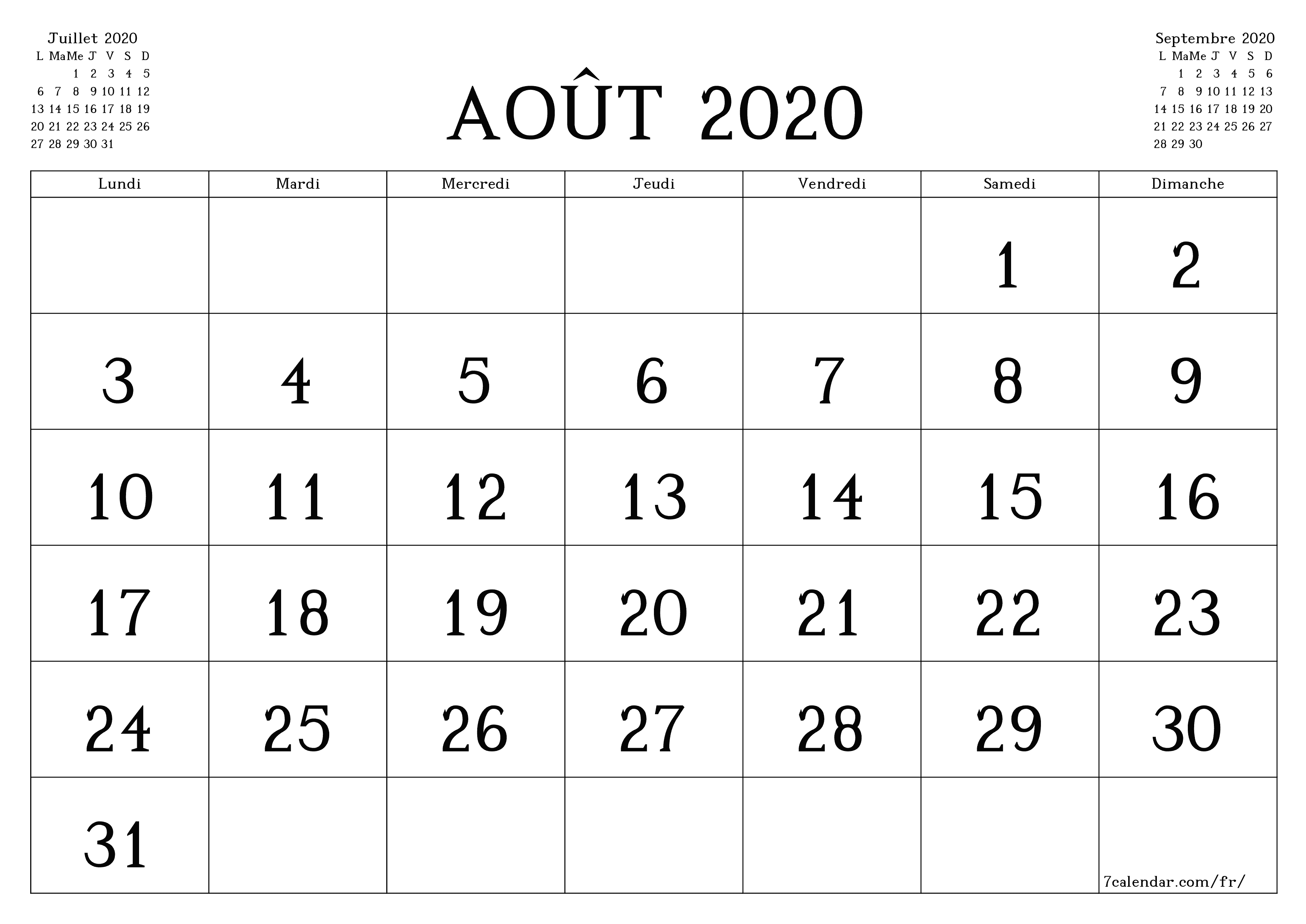 Agenda mensuel vide pour le mois Août 2020 avec notes, enregistrez et imprimez au format PDF PNG French