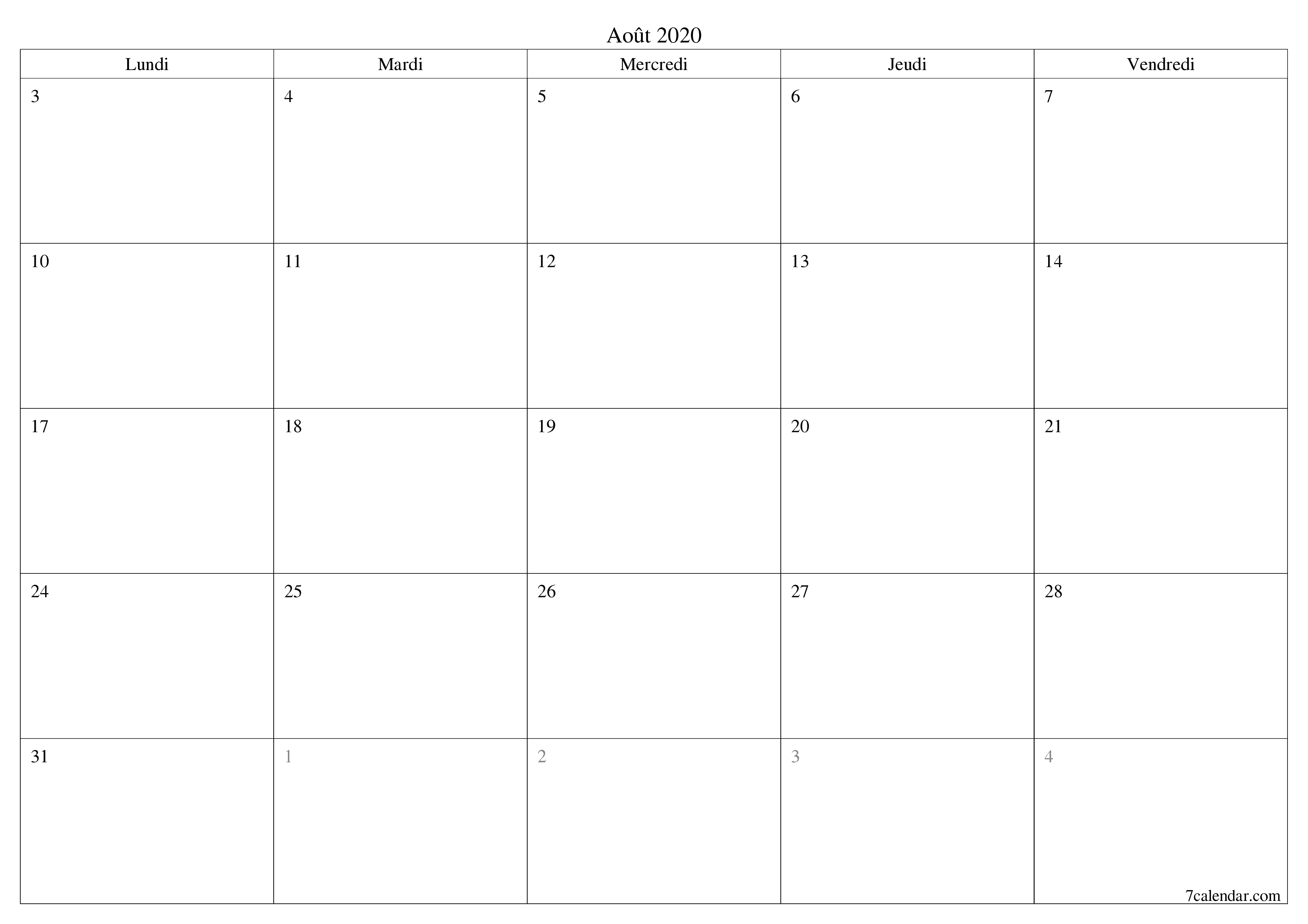 Agenda mensuel vide pour le mois Août 2020 avec notes, enregistrez et imprimez au format PDF PNG French