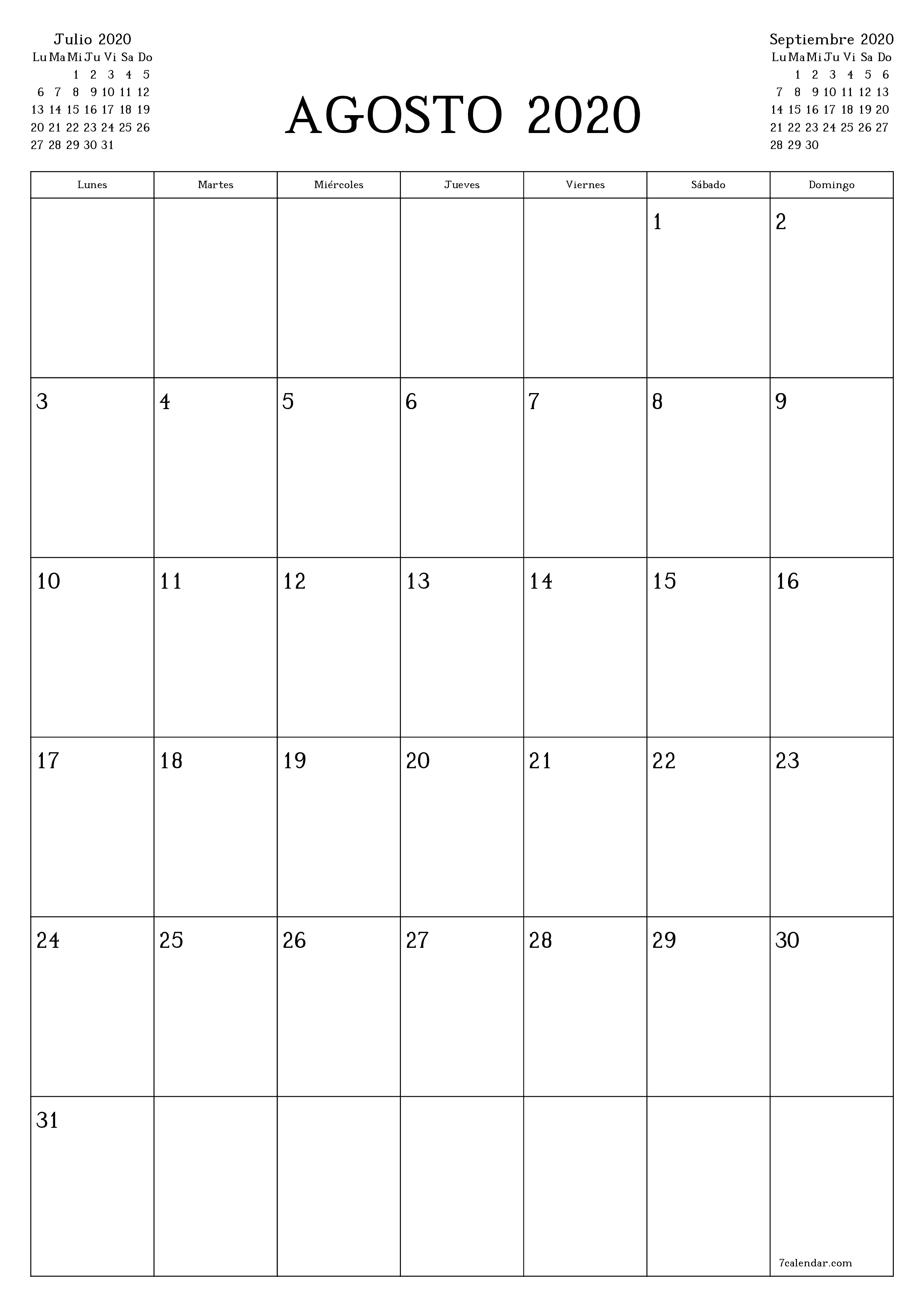 Planificador mensual vacío para el mes Agosto 2020 con notas, guardar e imprimir en PDF PNG Spanish