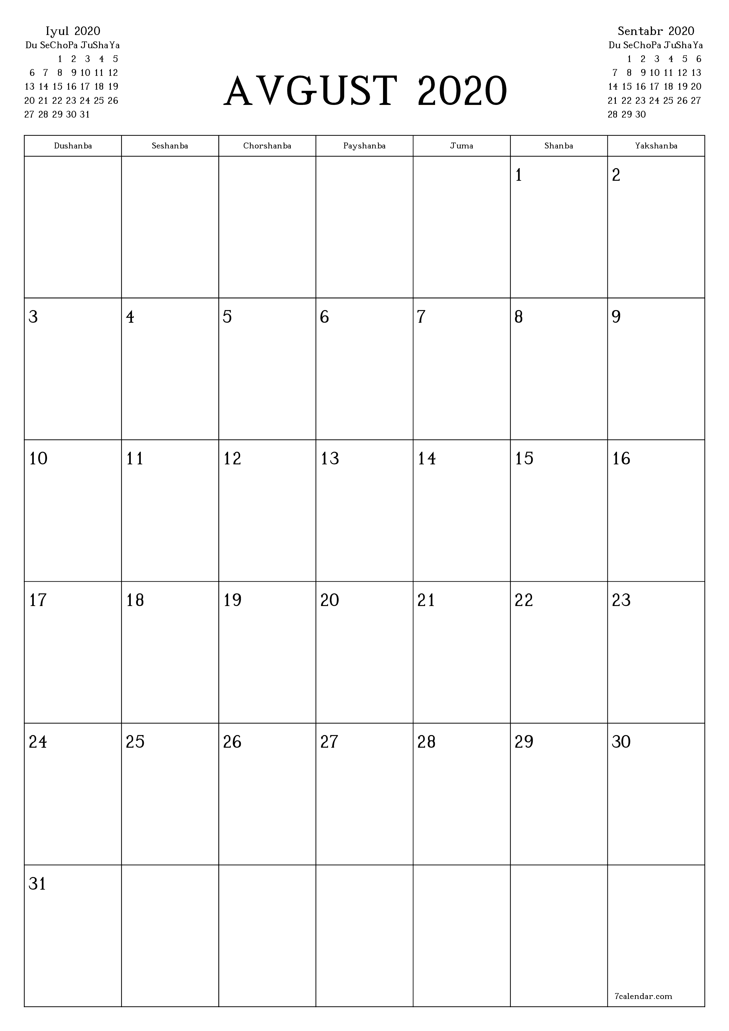 chop etiladigan devor taqvimi shabloni bepul vertikal Oylik rejalashtiruvchi kalendar Avgust (Avg) 2020