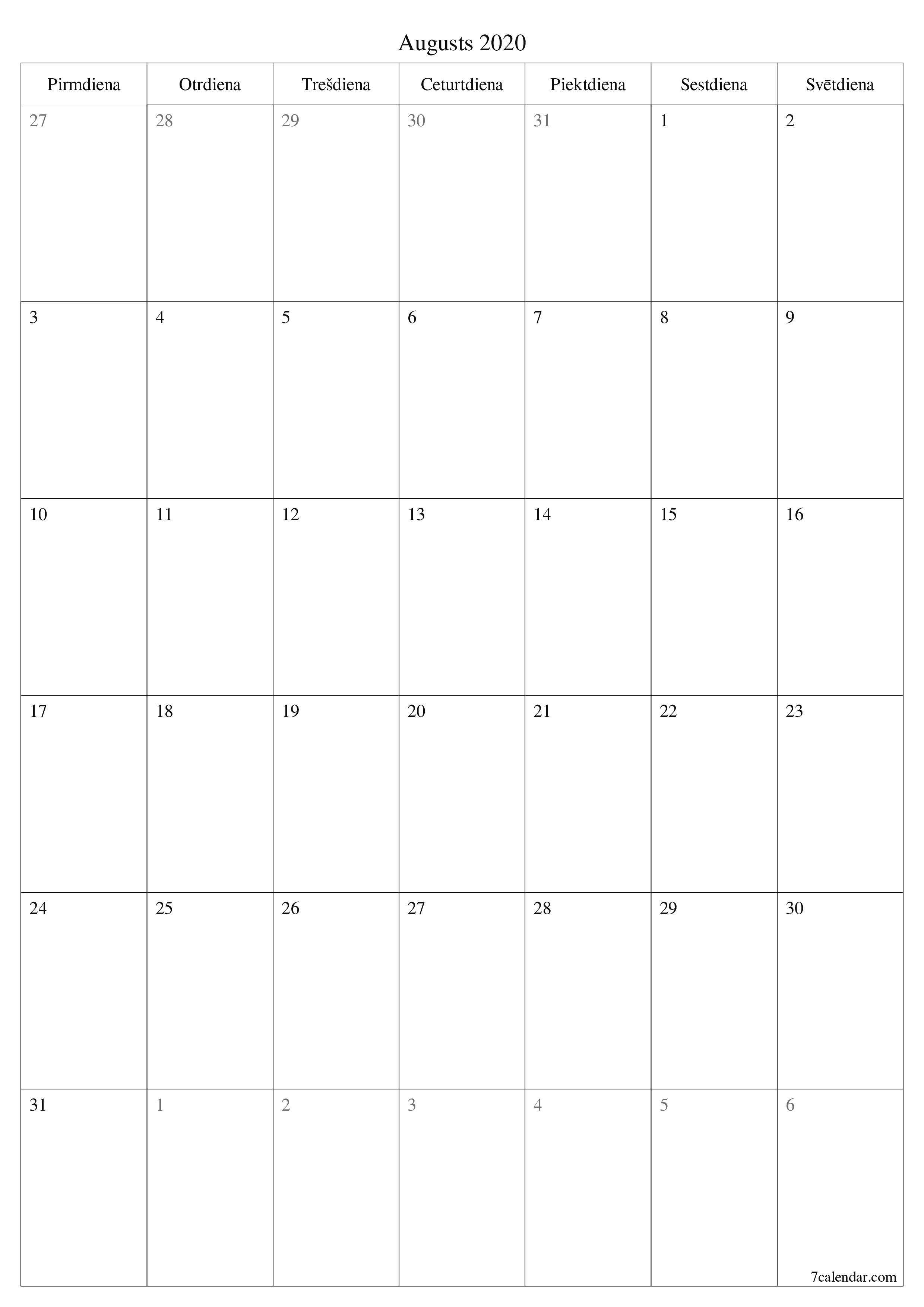 izdrukājams sienas kalendāra veidne bezmaksas vertikāli Mēneša plānotājs kalendārs Augusts (Aug) 2020