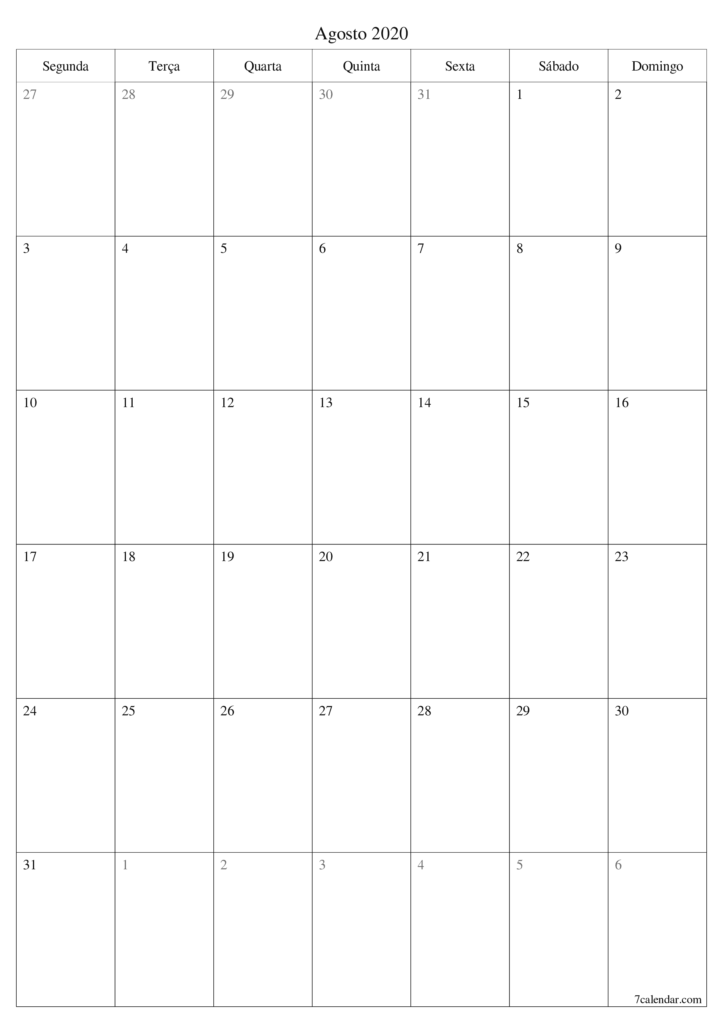  para impressão de parede modelo de grátisvertical Mensal planejador calendário Agosto (Ago) 2020