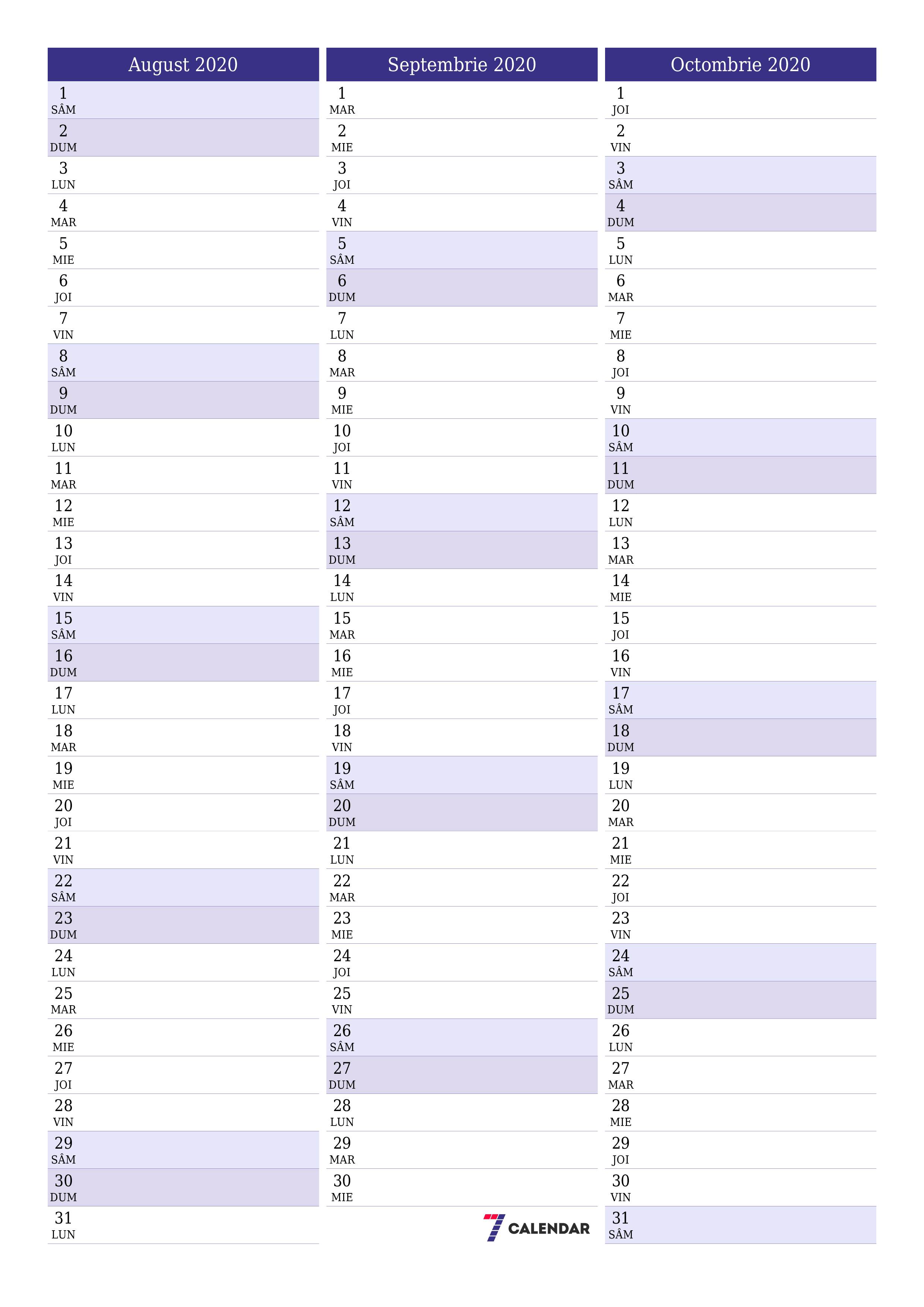  imprimabil de perete șablon de gratuitvertical Lunar planificator calendar August (Aug) 2020