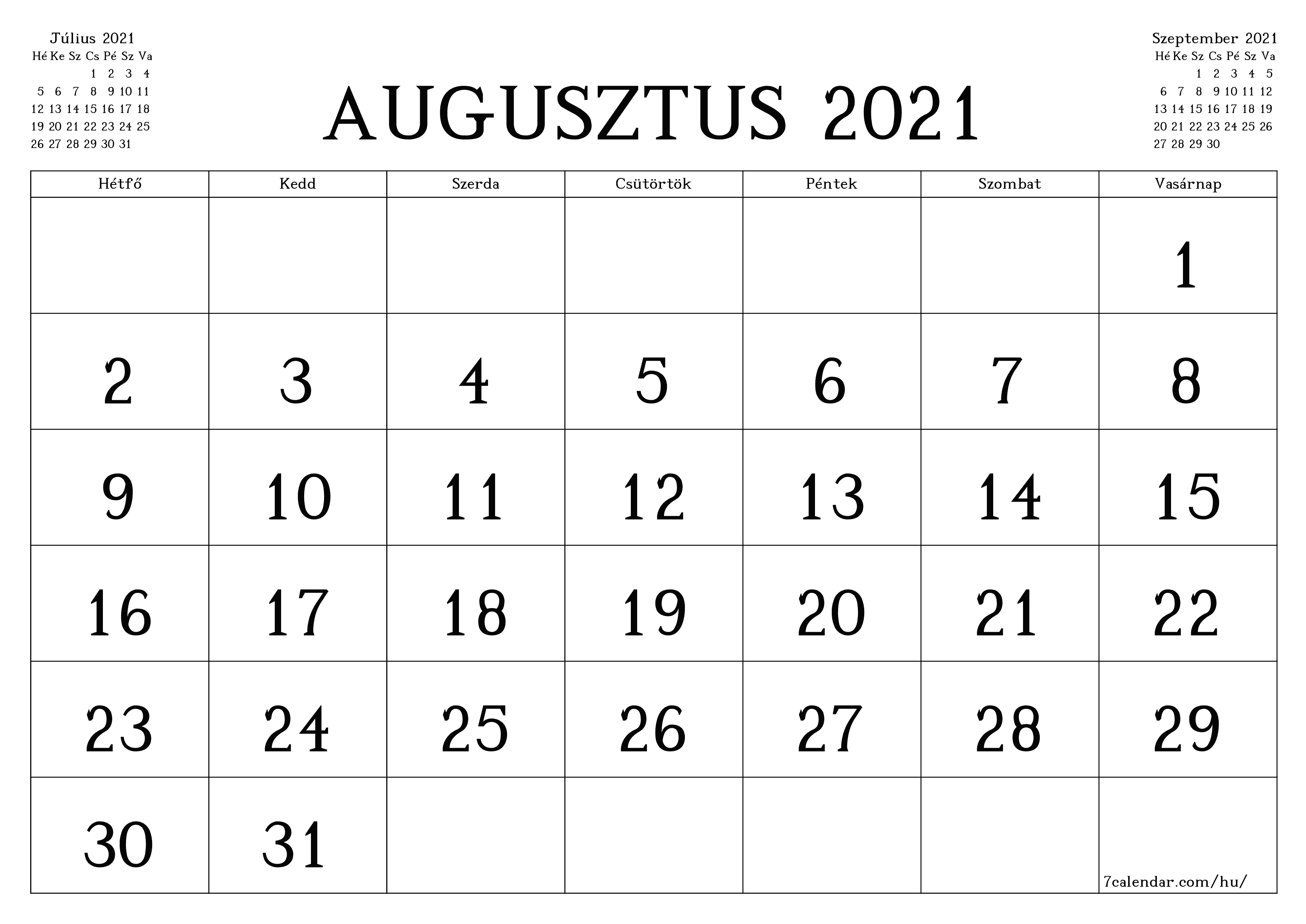 Üres havi tervező a Augusztus 2021 hónapra jegyzetekkel, mentés és nyomtatás PDF-be PNG Hungarian