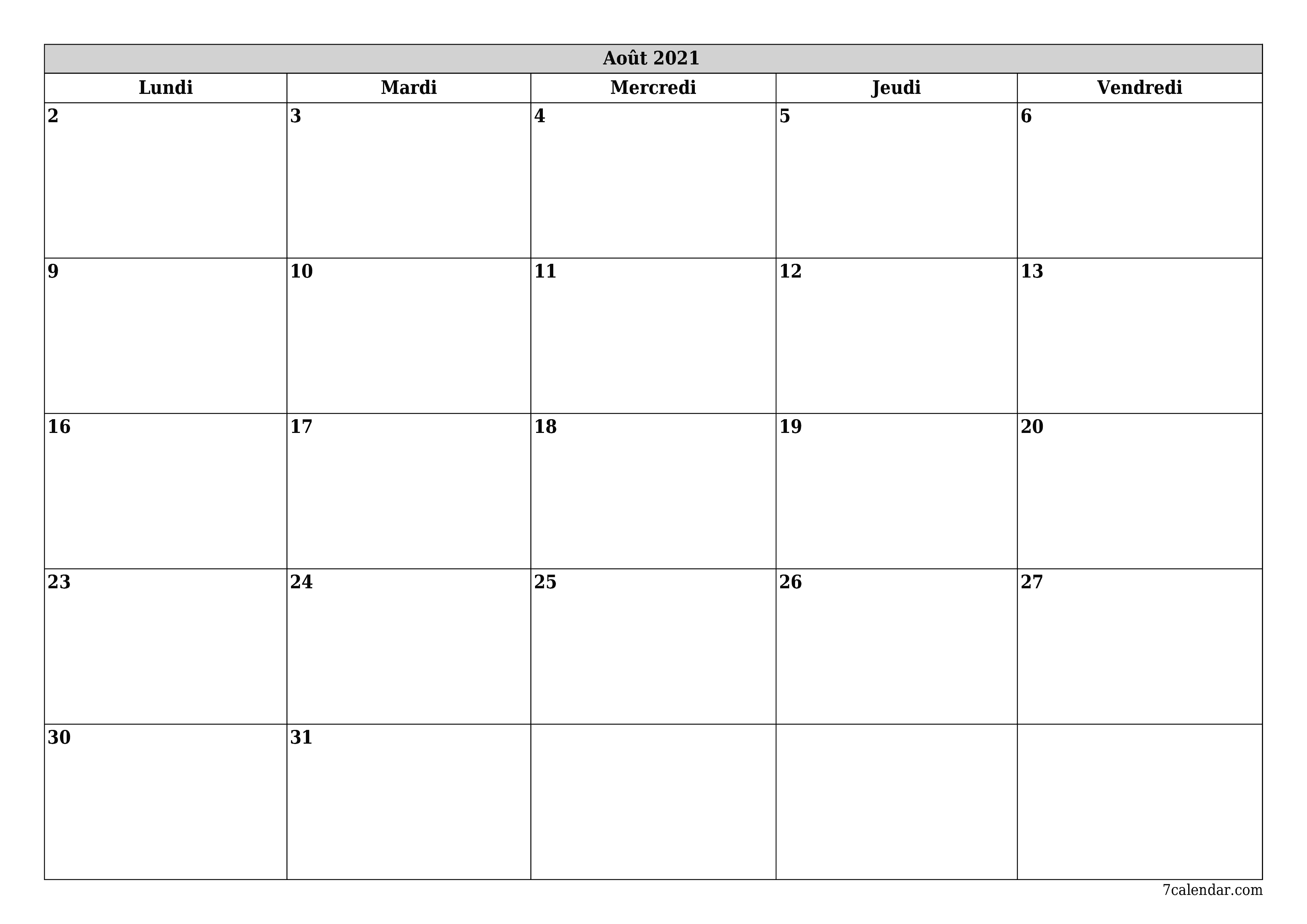 Agenda mensuel vide pour le mois Août 2021 avec notes, enregistrez et imprimez au format PDF PNG French