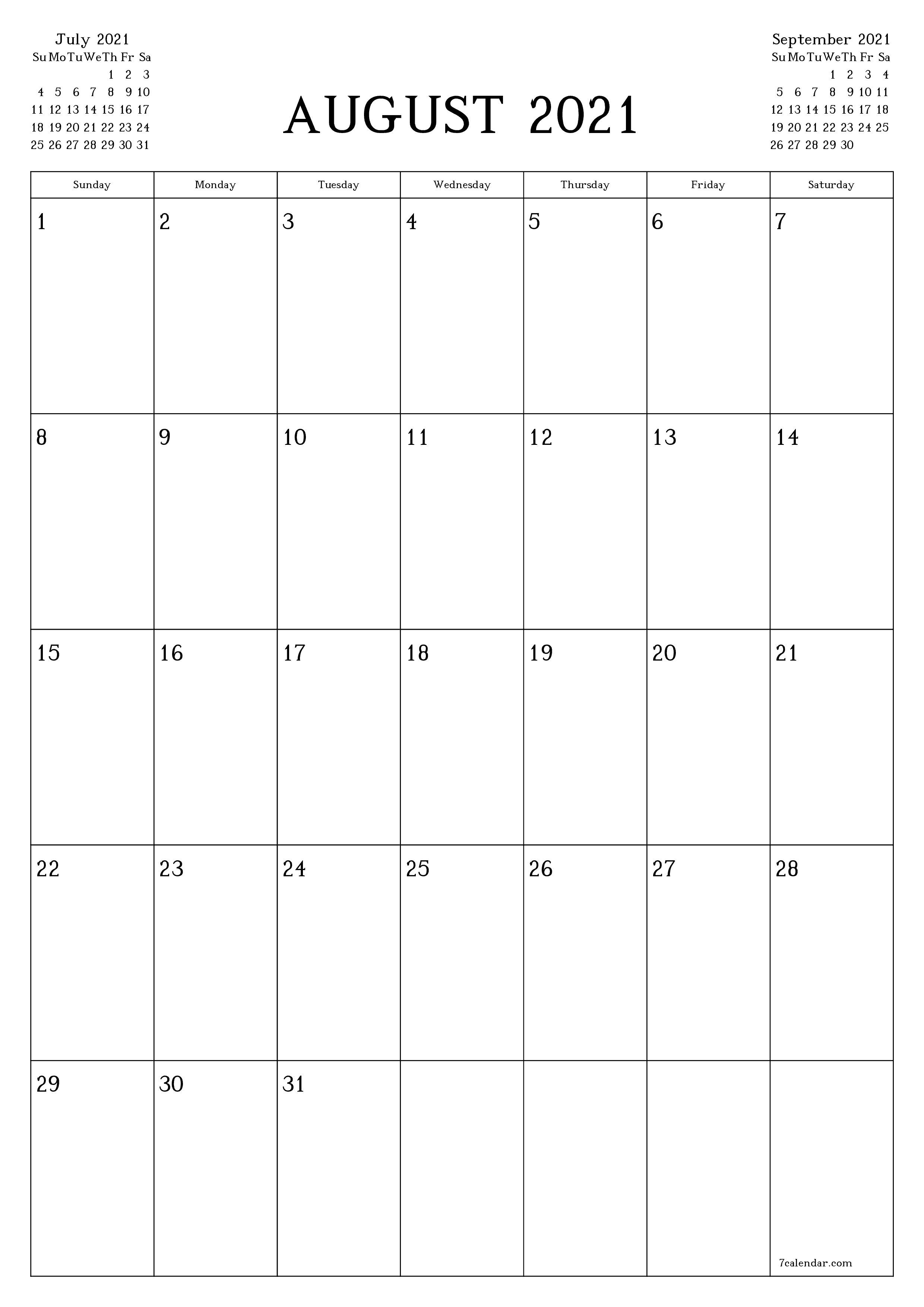 Blank monthly calendar planner for month August 2021 with notes save and print to PDF PNG English - 7calendar.com