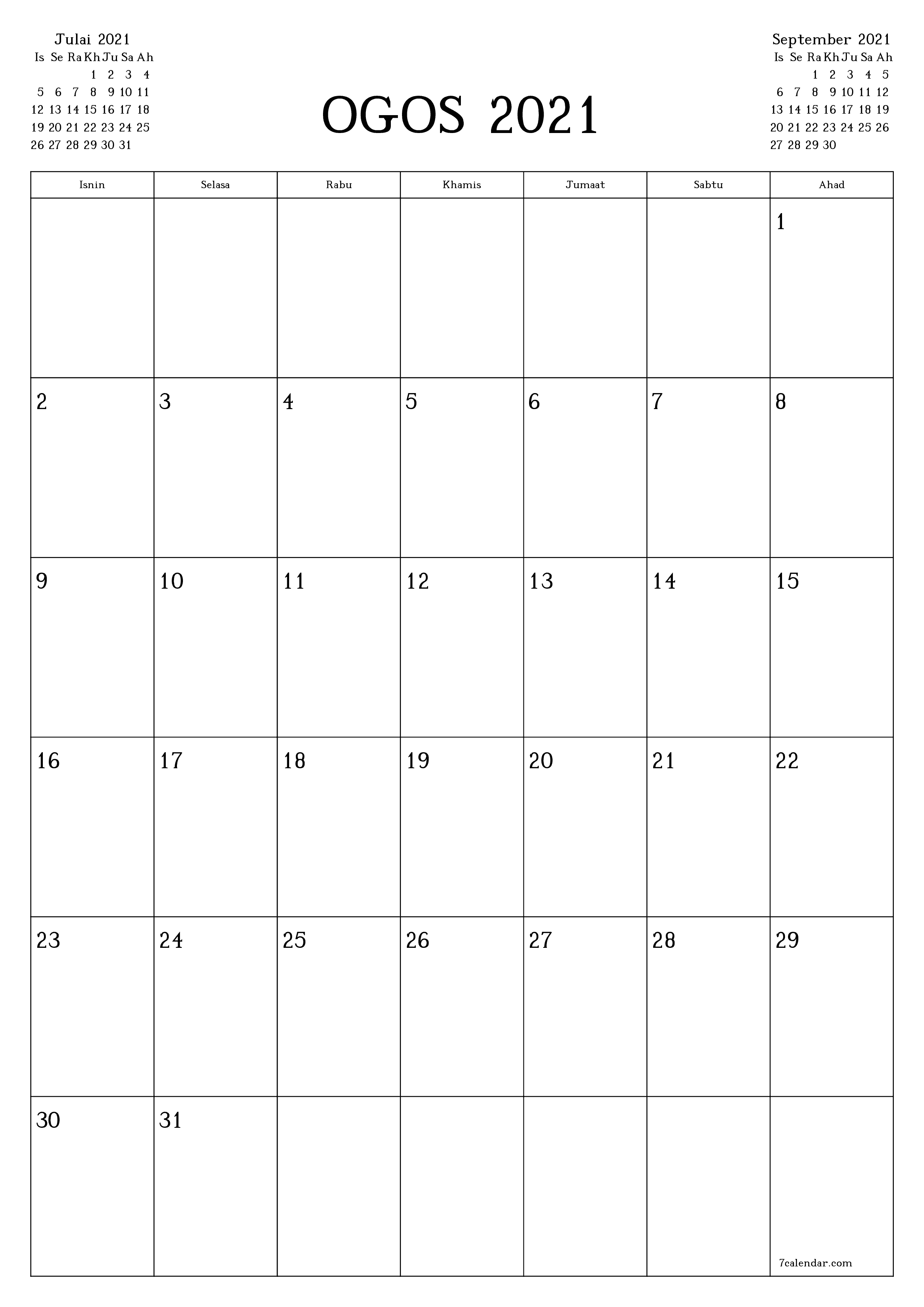 2021 kalendar ogos 2021 Calendar