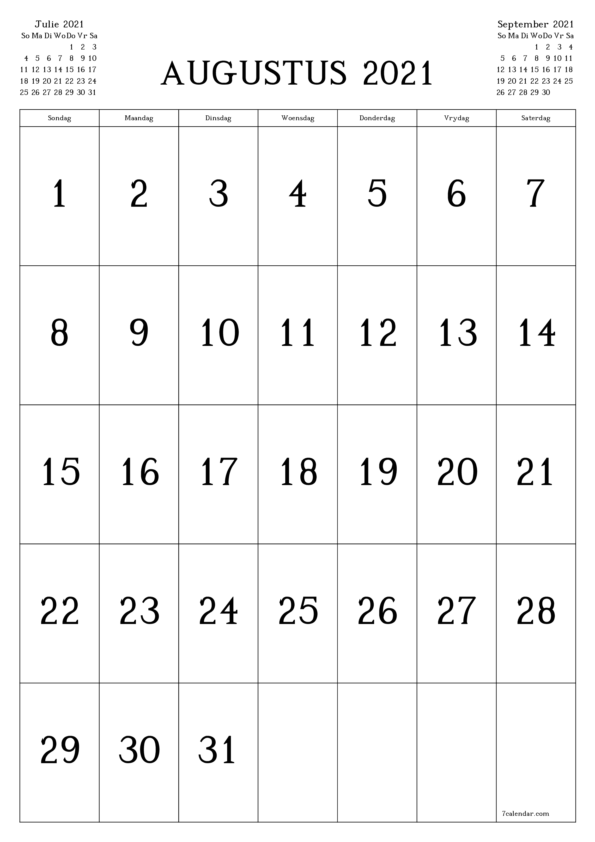 Leë maandelikse drukbare kalender en beplanner vir maand Augustus 2021 met notas stoor en druk na PDF PNG Afrikaans