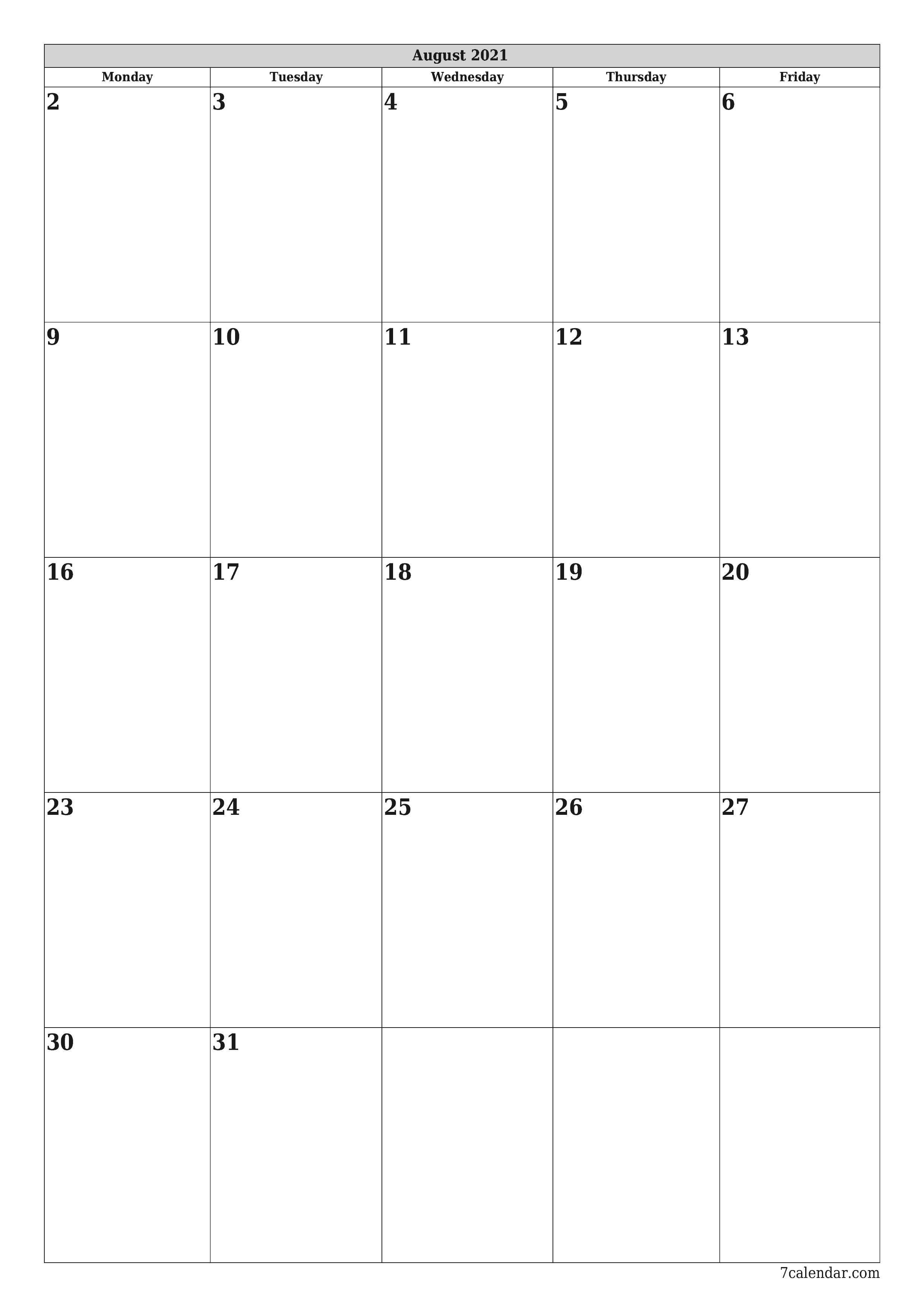 Blank monthly printable calendar and planner for month August 2021 with notes save and print to PDF PNG English