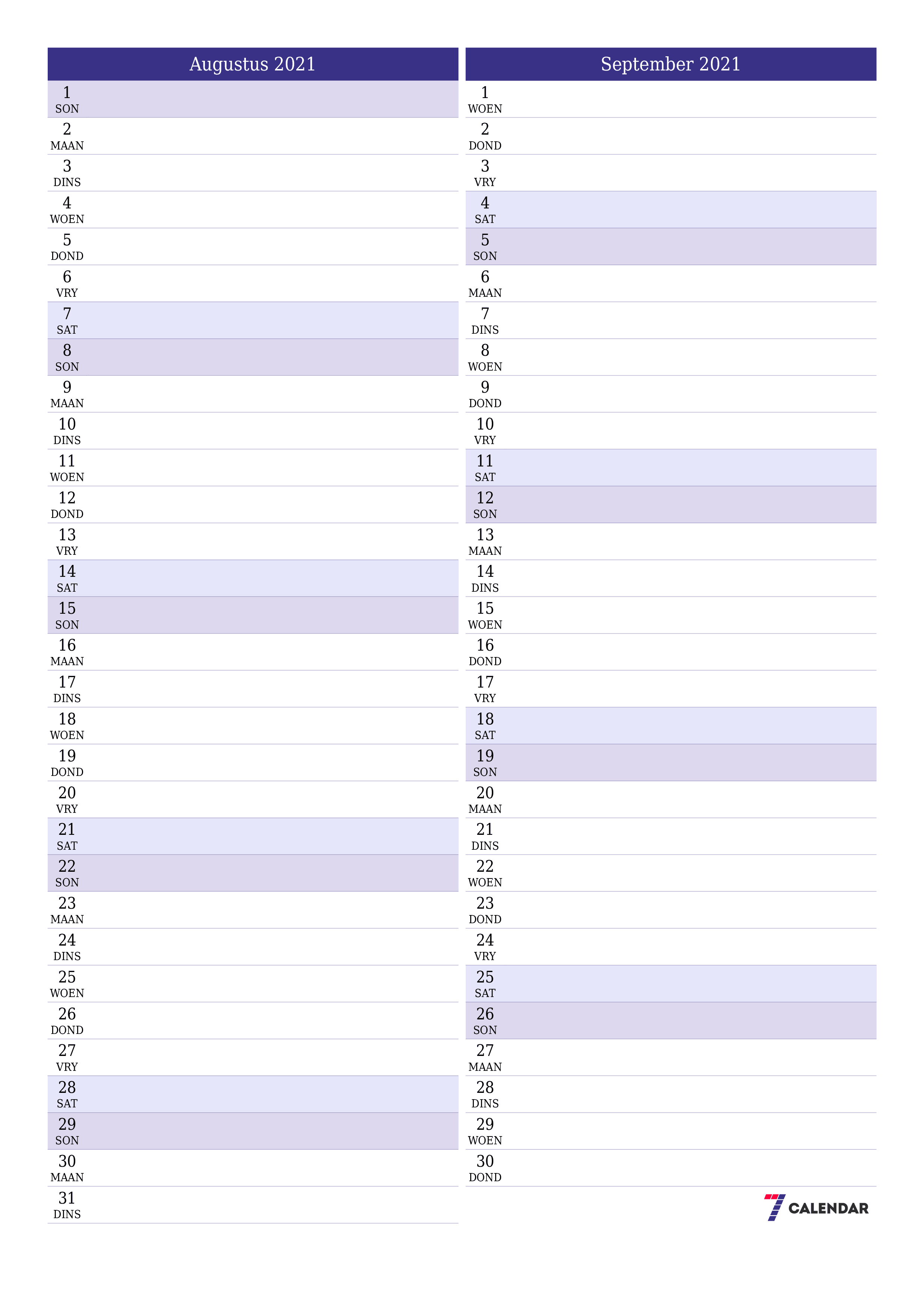 drukbare muur template gratis vertikaal Maandeliks beplanner kalender Augustus (Aug) 2021