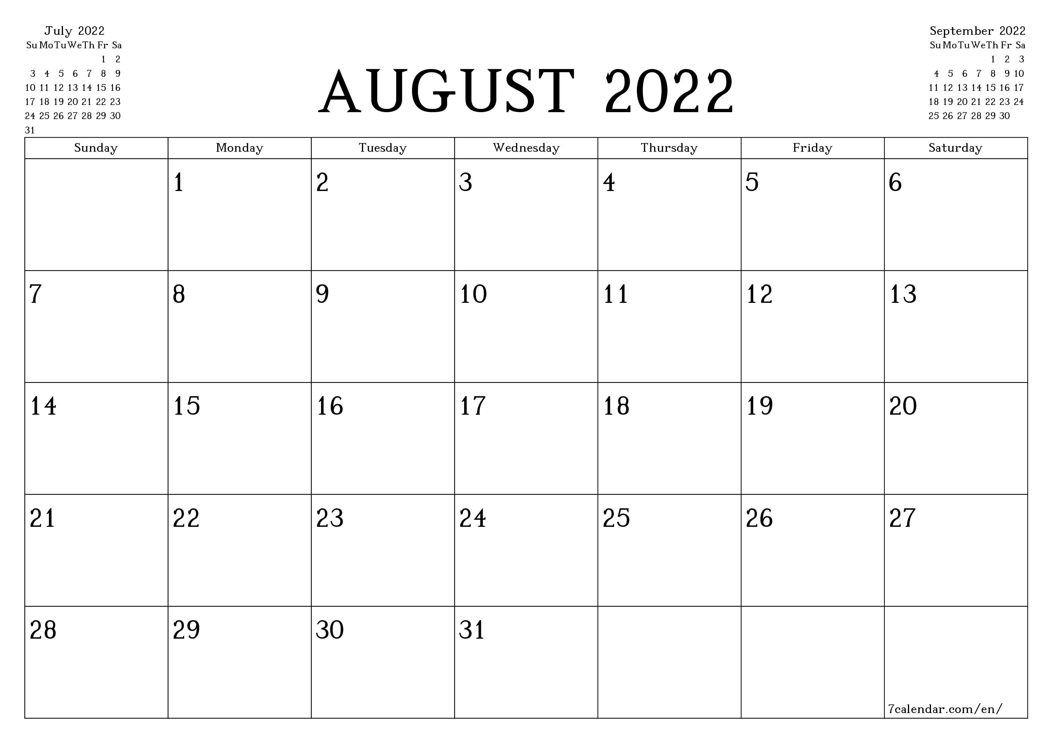 printable wall template free horizontal Monthly planner calendar August (Aug) 2022