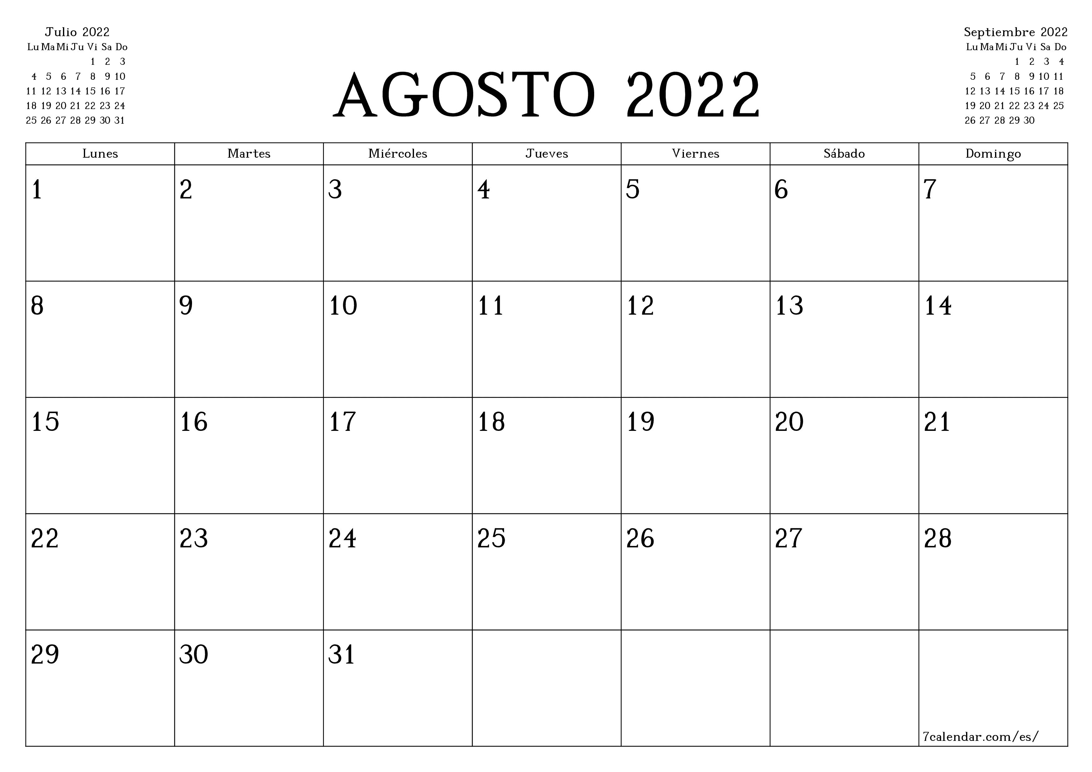 Planificador mensual vacío para el mes Agosto 2022 con notas, guardar e imprimir en PDF PNG Spanish - 7calendar.com
