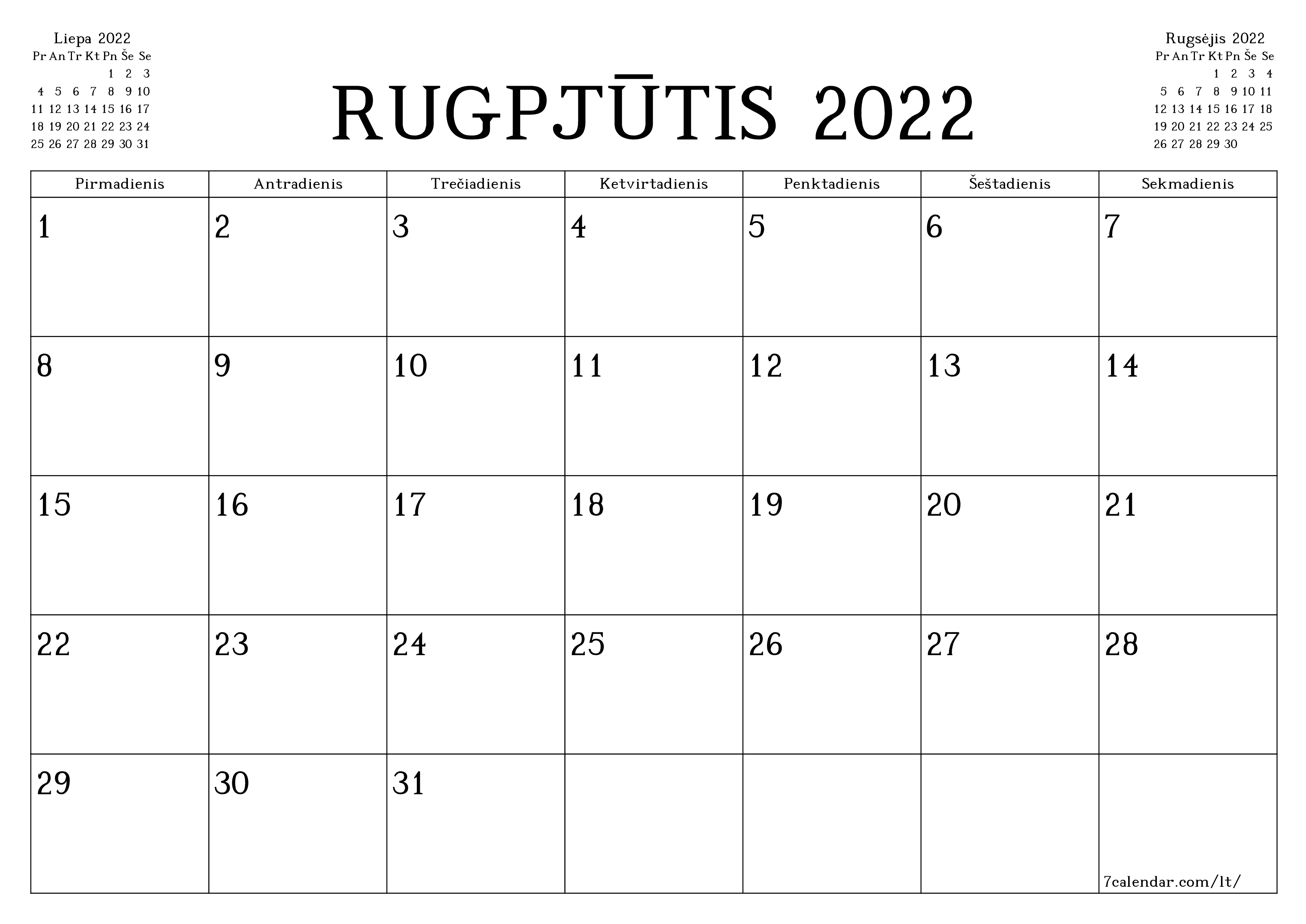 Ištuštinti mėnesio Rugpjūtis 2022 mėnesio planavimo priemonę su užrašais, išsaugoti ir atsispausdinti PDF formate PNG Lithuanian - 7calendar.com