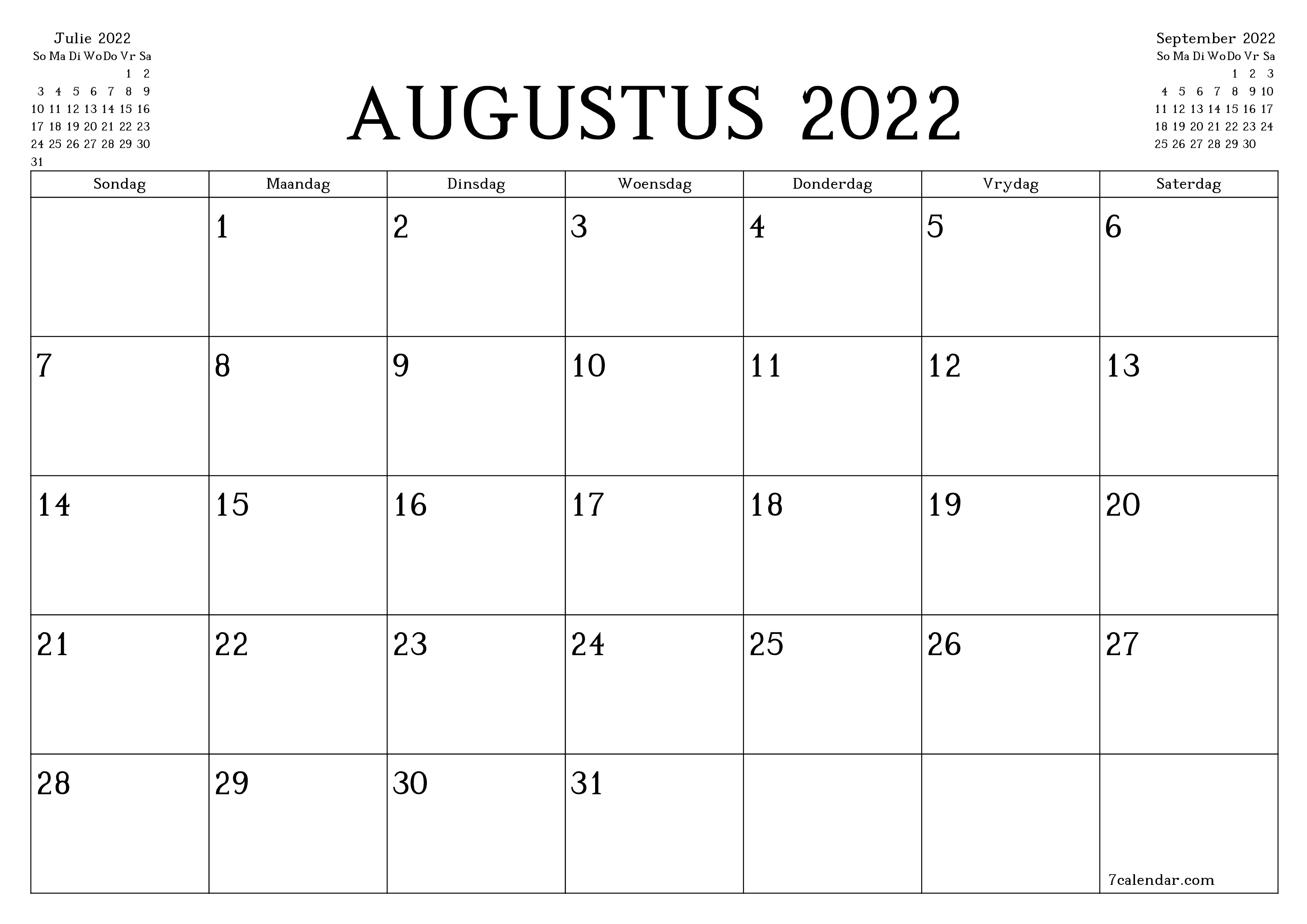 Leë maandelikse drukbare kalender en beplanner vir maand Augustus 2022 met notas stoor en druk na PDF PNG Afrikaans