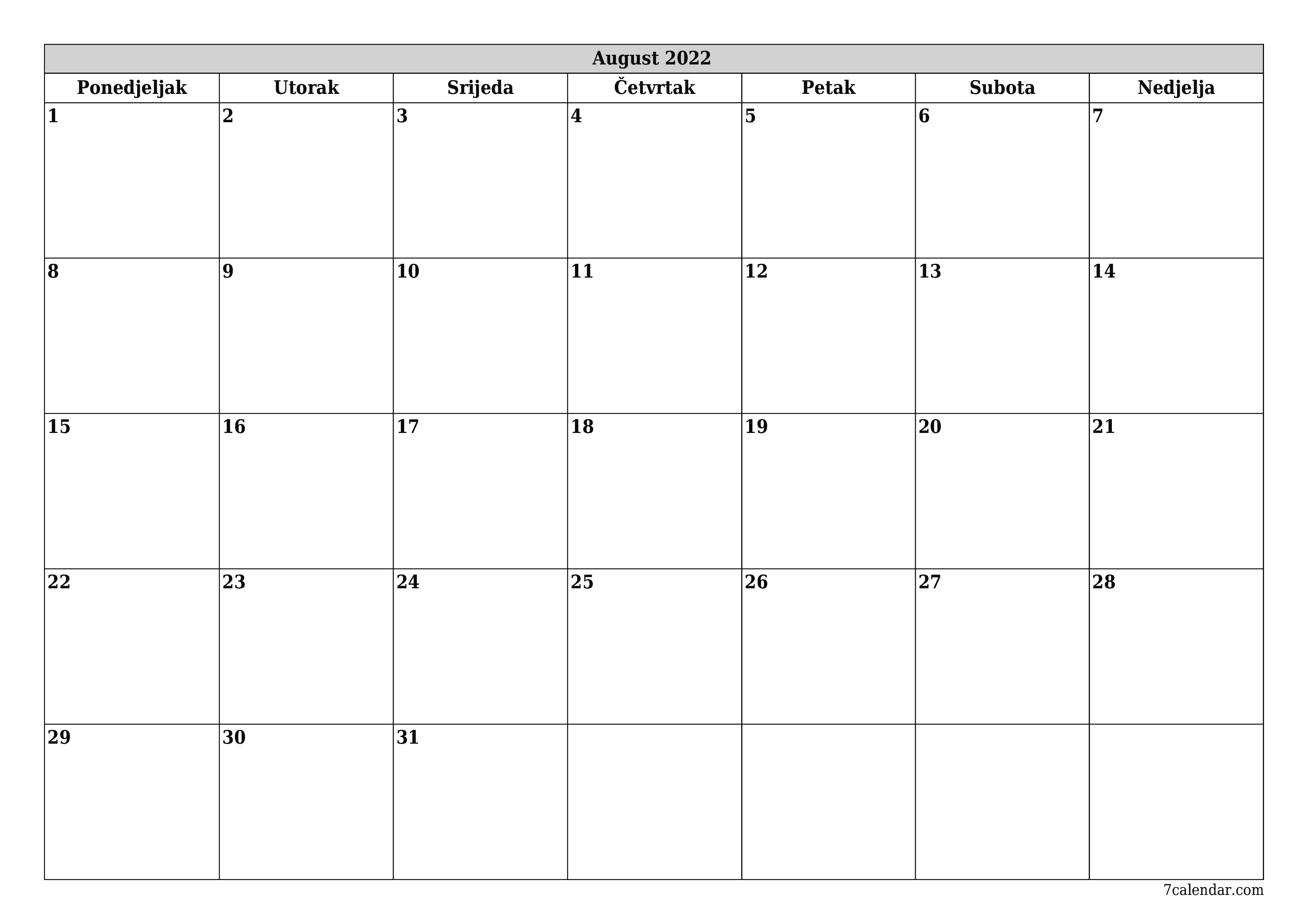  za štampanje zidni šablon a besplatni horizontalno Mjesečno planer kalendar August (Aug) 2022