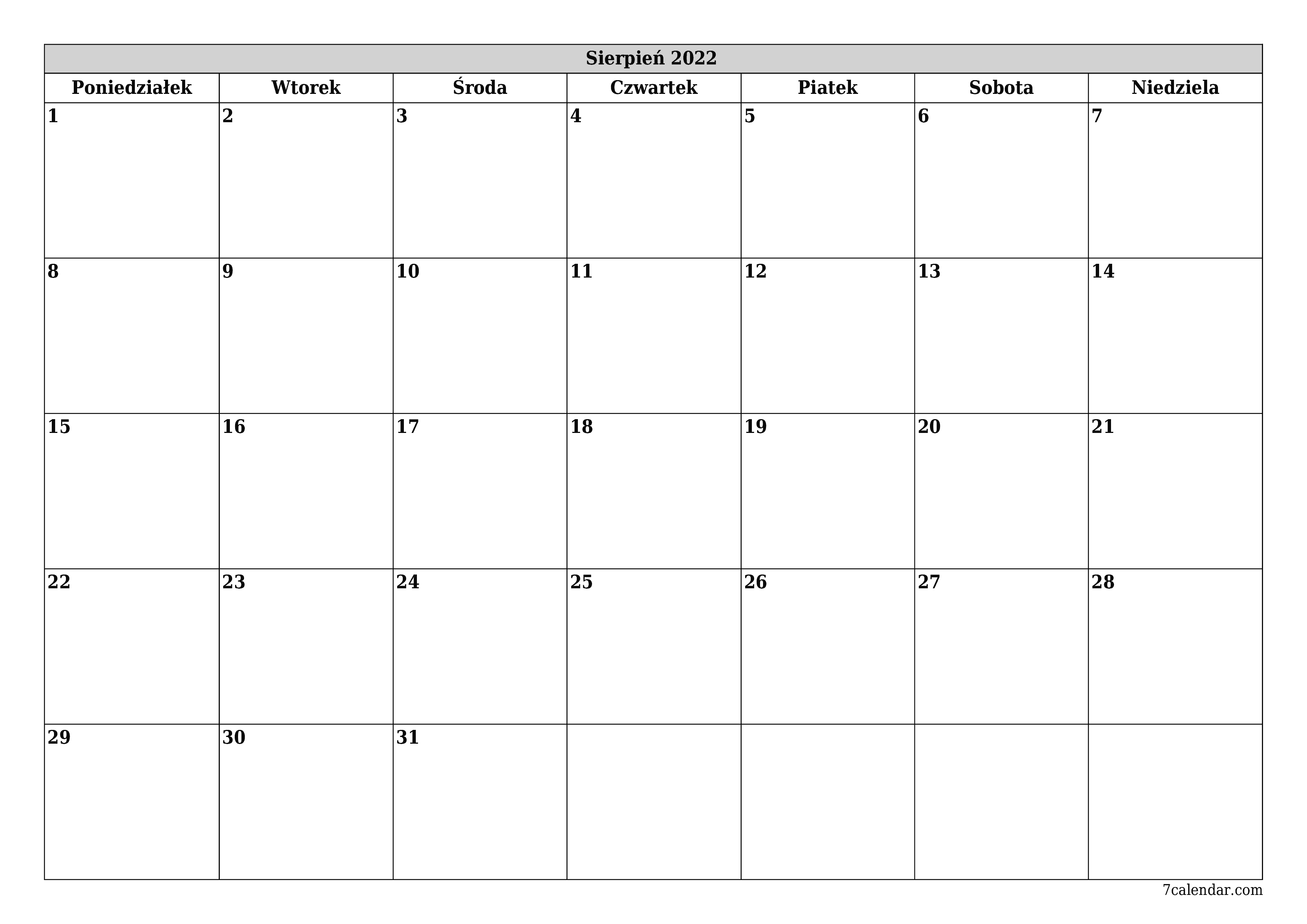  do druku ścienny szablon a darmowy poziomy Miesięczny planista kalendarz Sierpień (Sie) 2022