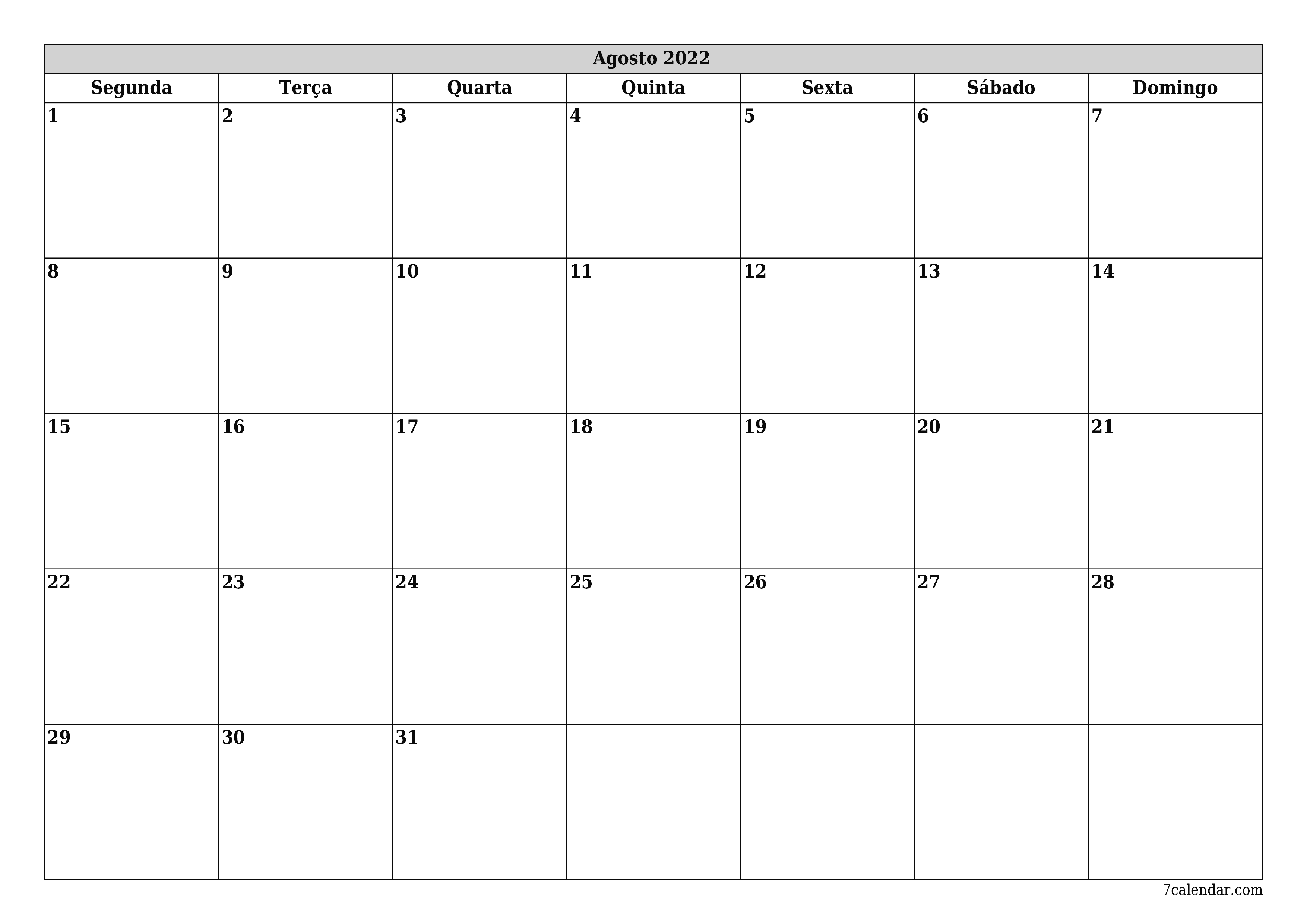 Esvazie o planejador mensal para o mês Agosto 2022 com notas, salve e imprima em PDF PNG Portuguese - 7calendar.com