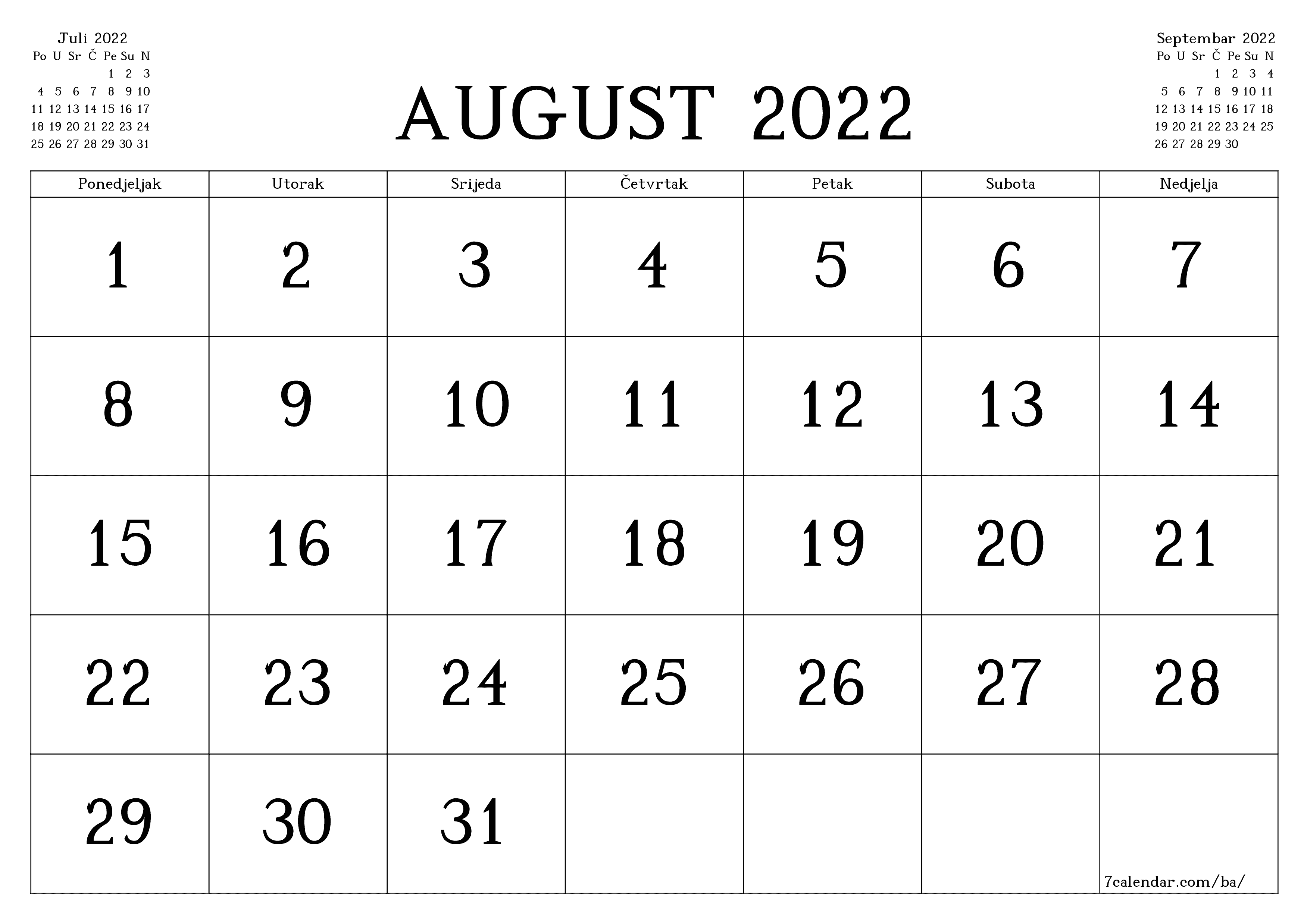 Ispraznite mjesečni planer za mjesec August 2022 s bilješkama, spremite i ispišite u PDF PNG Bosnian