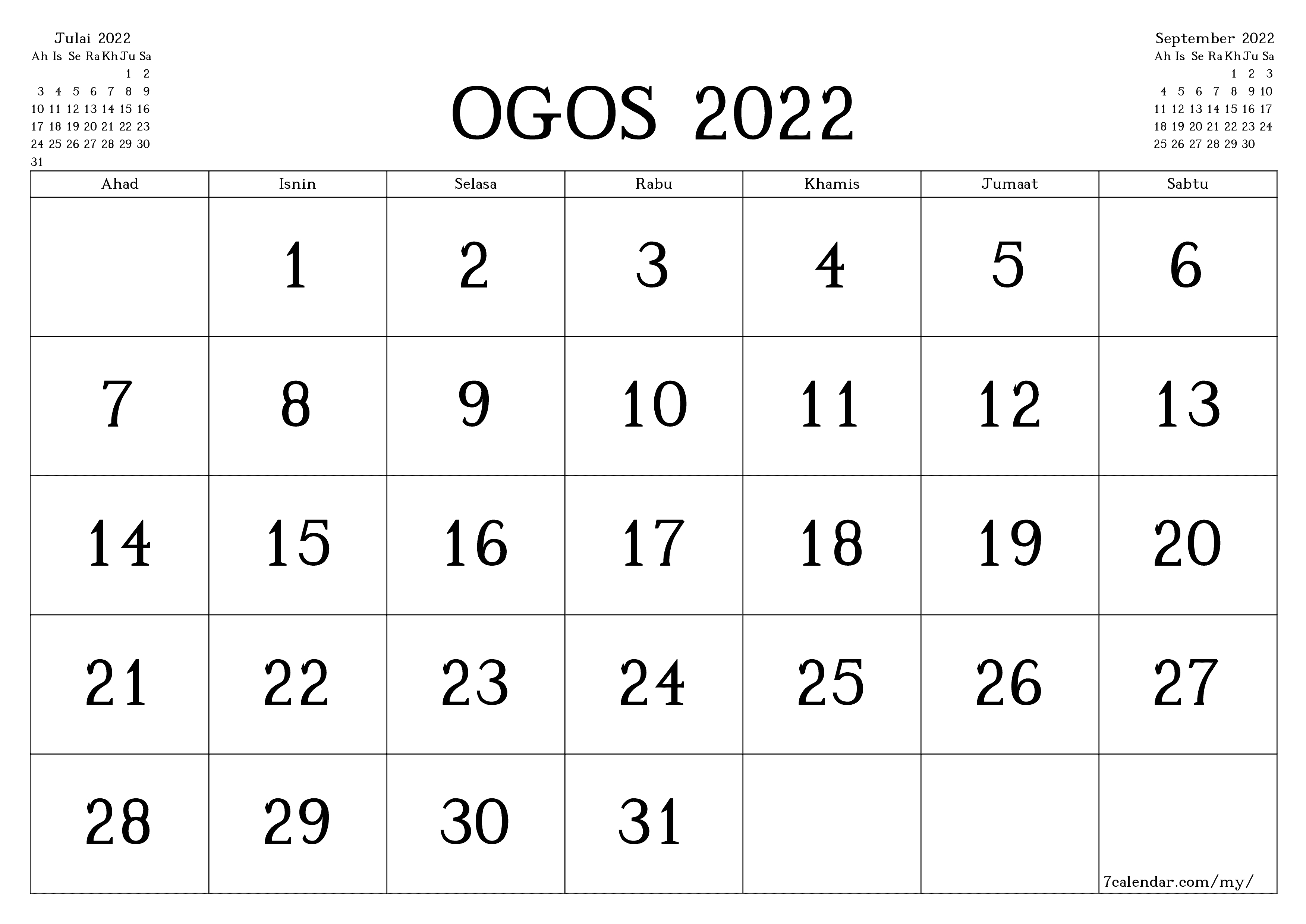  boleh cetak dinding templat percumamendatar Bulanan kalendar Ogos (Ogo) 2022