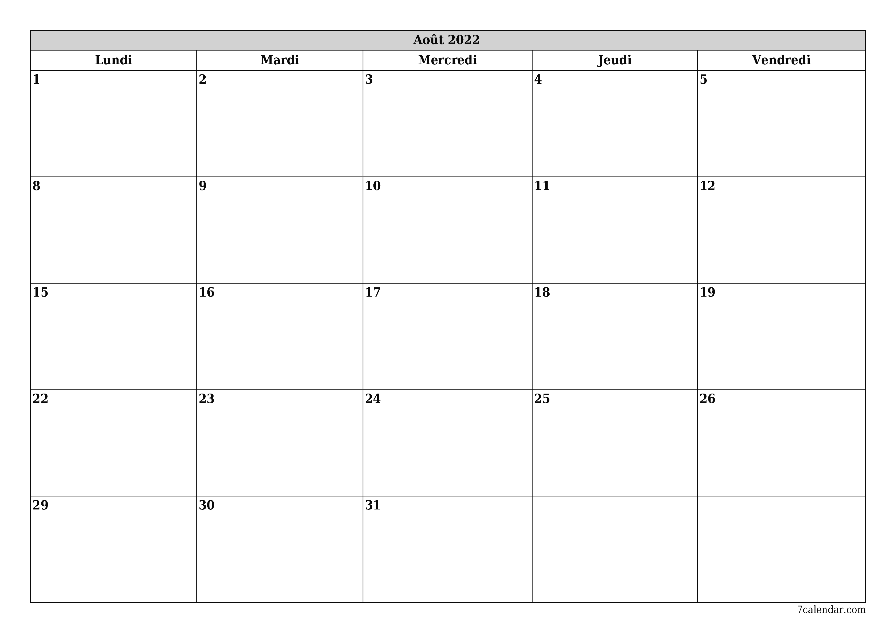 Agenda mensuel vide pour le mois Août 2022 avec notes, enregistrez et imprimez au format PDF PNG French - 7calendar.com